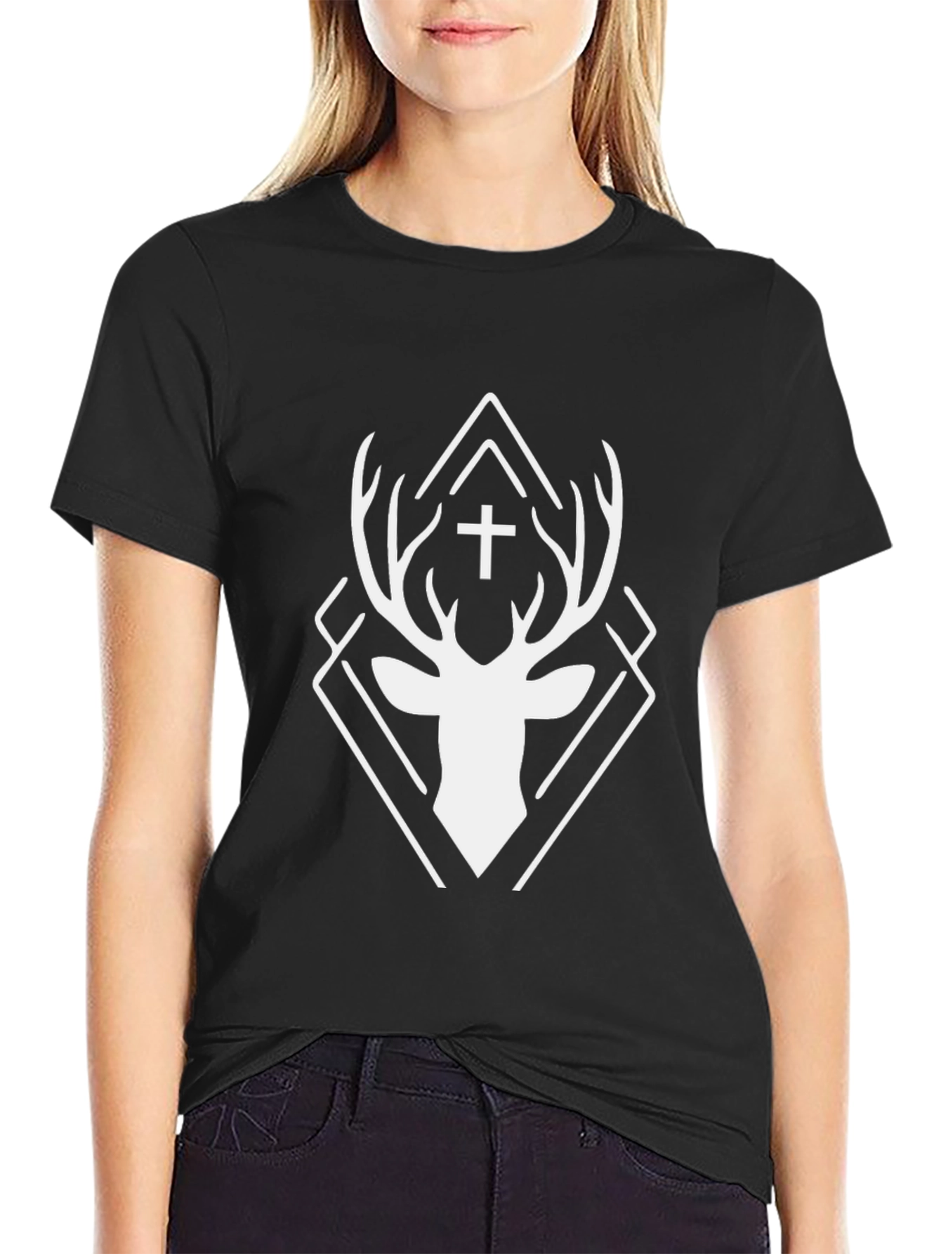 Geometric Deer Cross Graphic Black T-Shirt