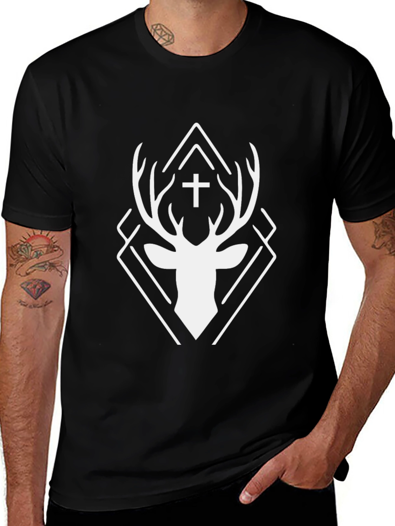 Geometric Deer Cross Graphic Black T-Shirt