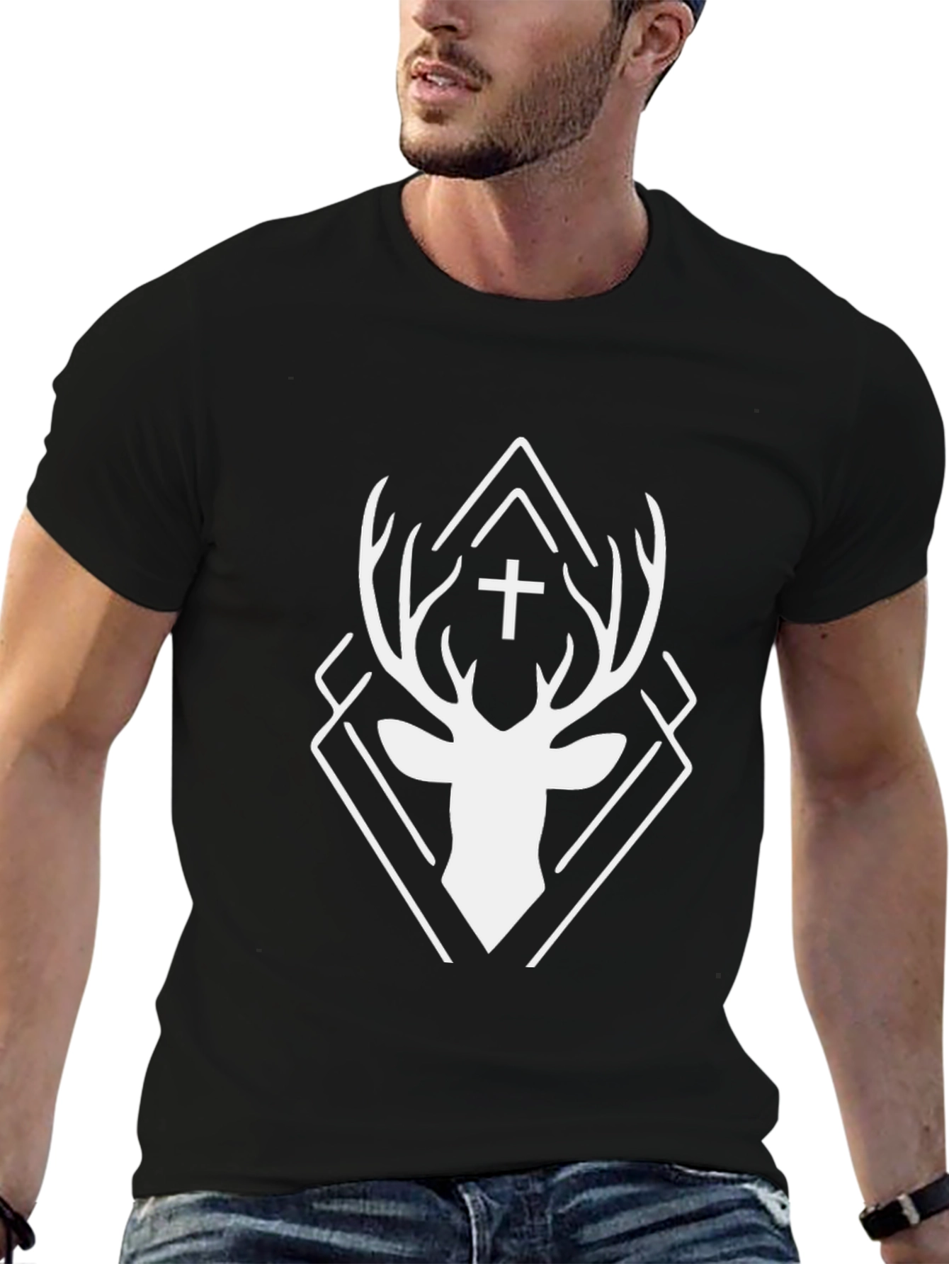 Geometric Deer Cross Graphic Black T-Shirt