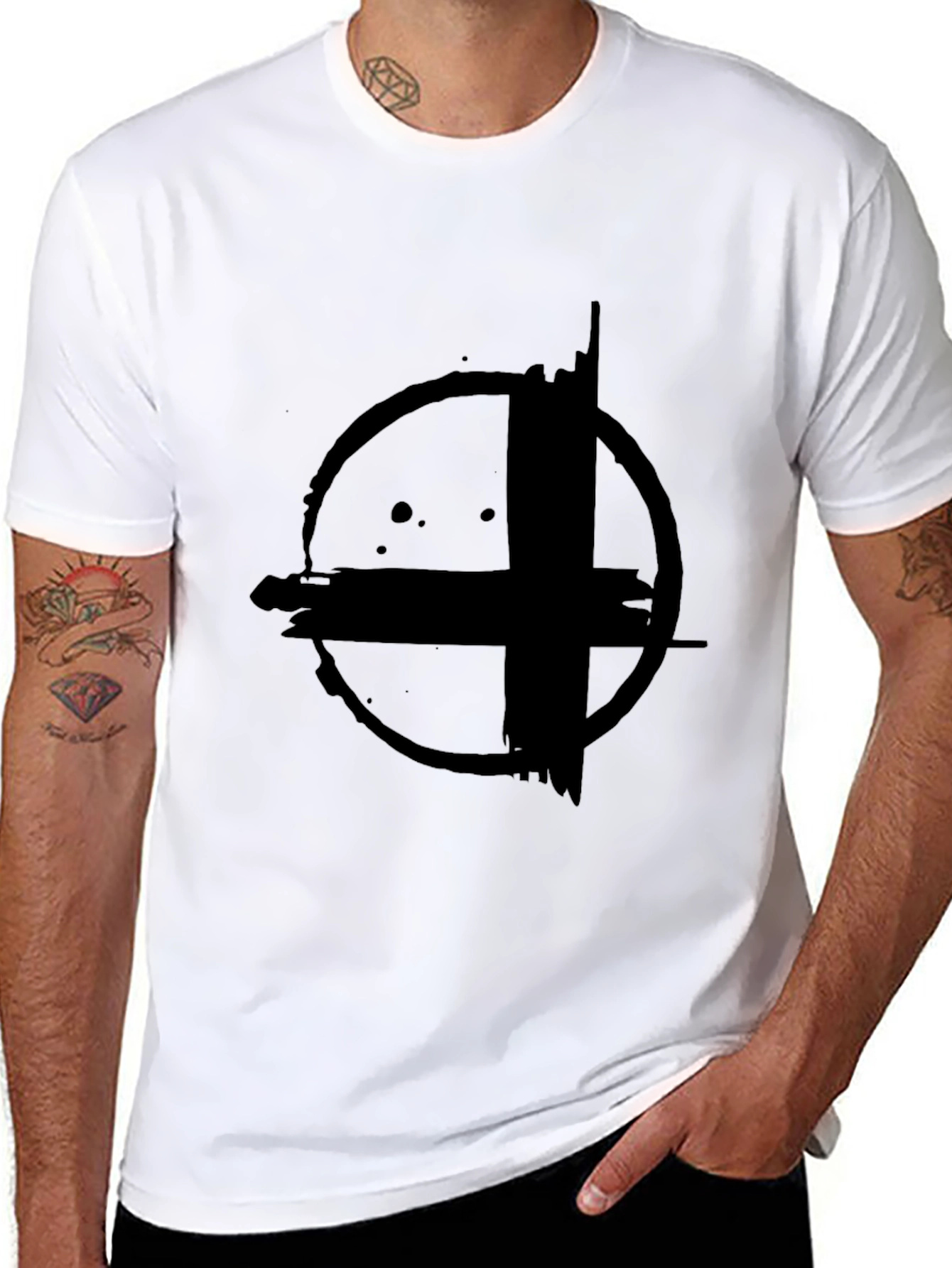 Abstract Circle Cross Graphic Print Black T-Shirt