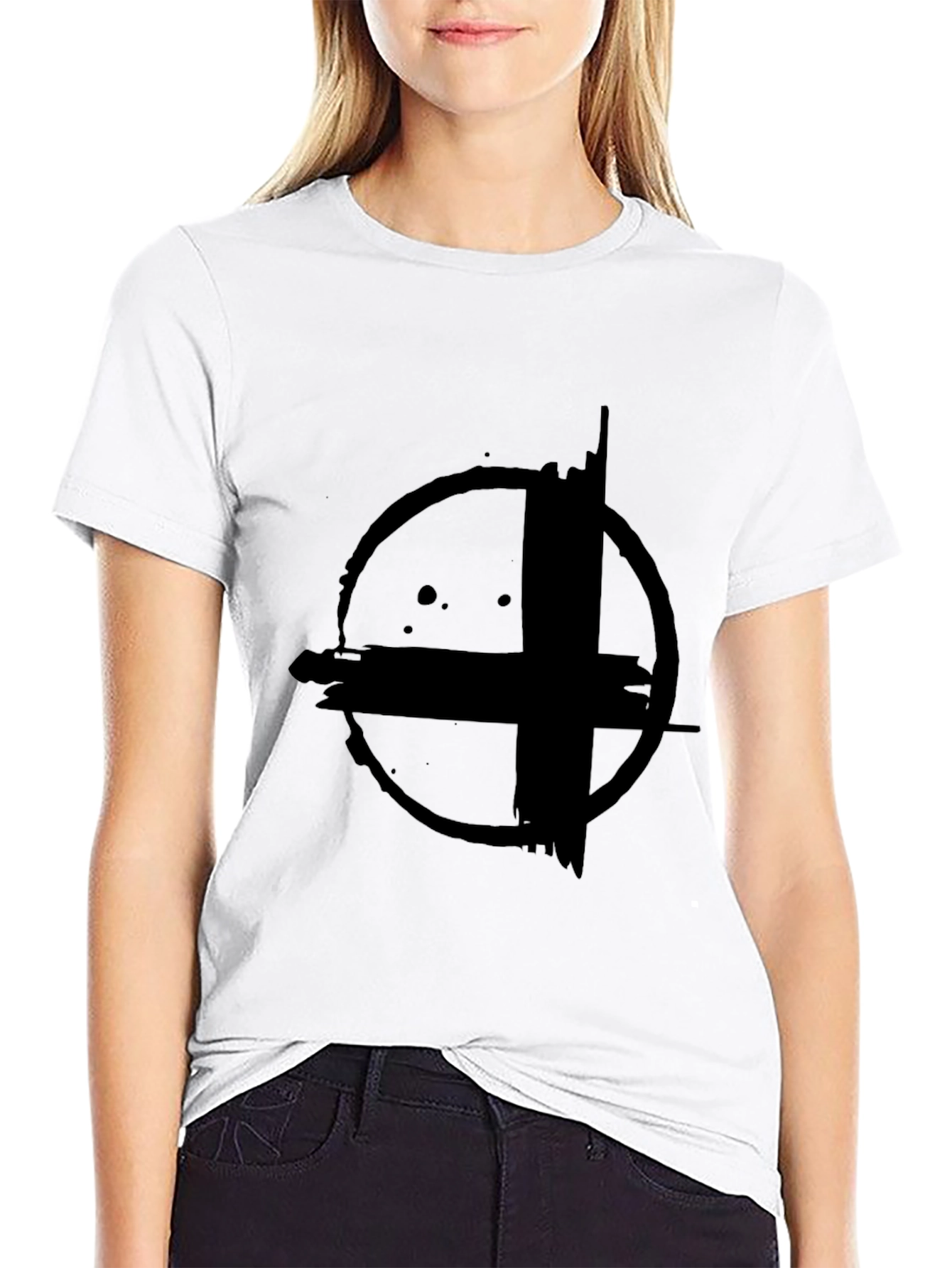 Abstract Circle Cross Graphic Print Black T-Shirt