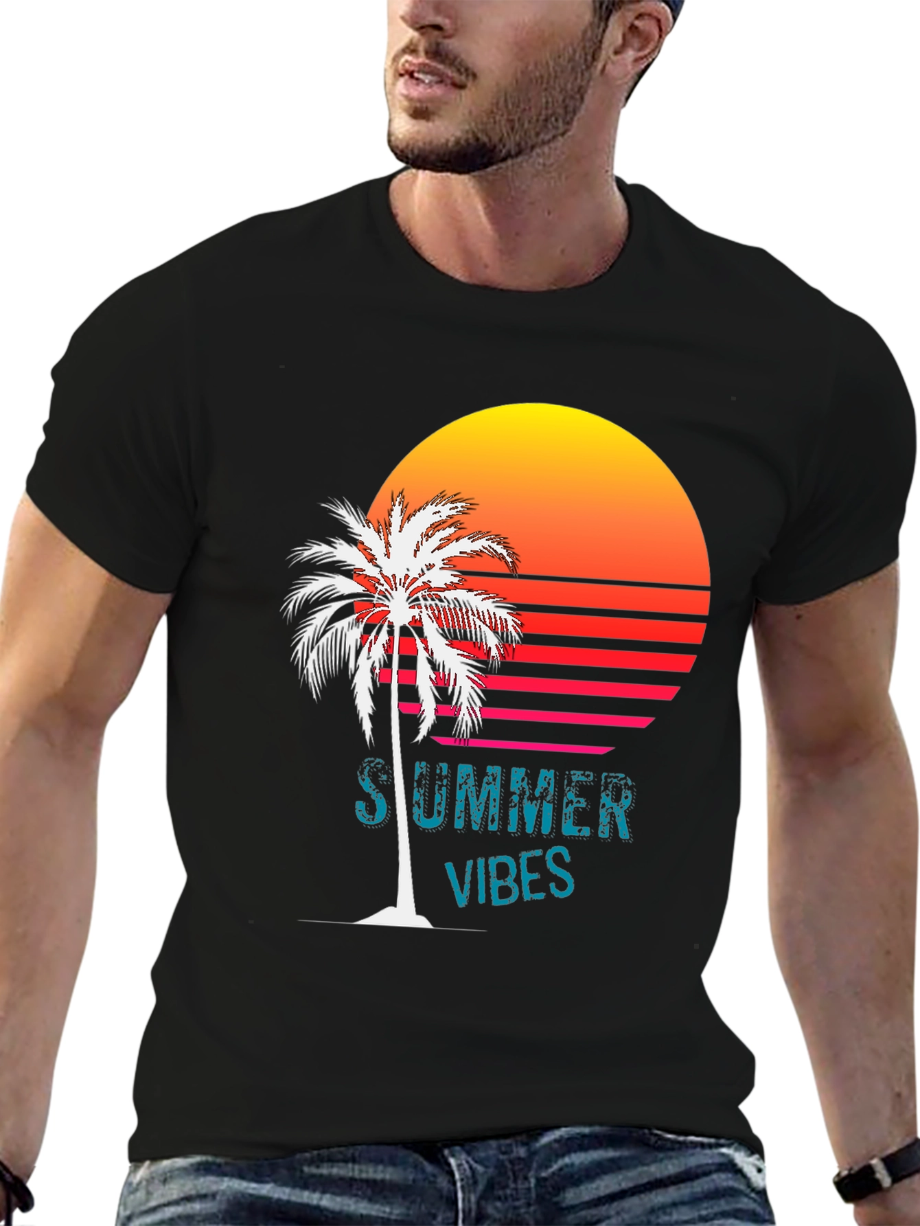 Summer Vibes T-Shirt - Palm Tree Sunset Design