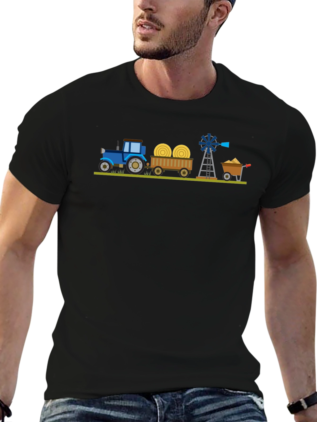 Cartoon Farm Scene Black T-Shirt