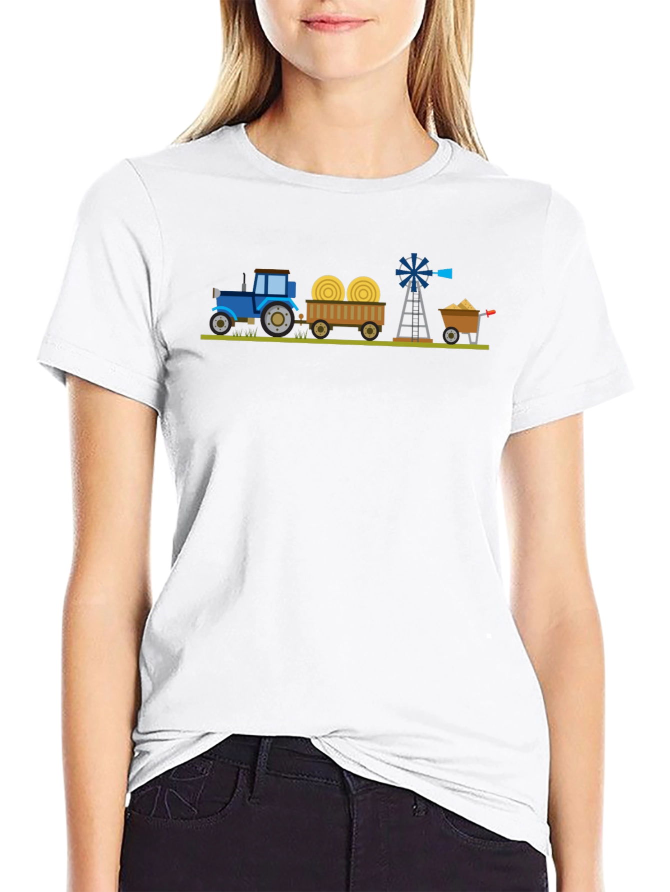 Cartoon Farm Scene Black T-Shirt