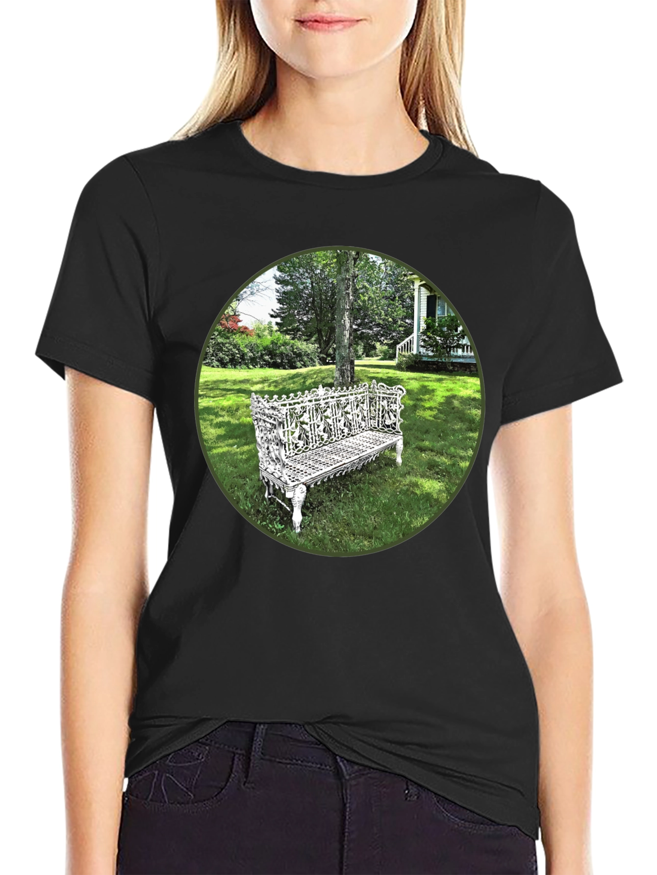 Ornate Bench Garden View Black T-Shirt