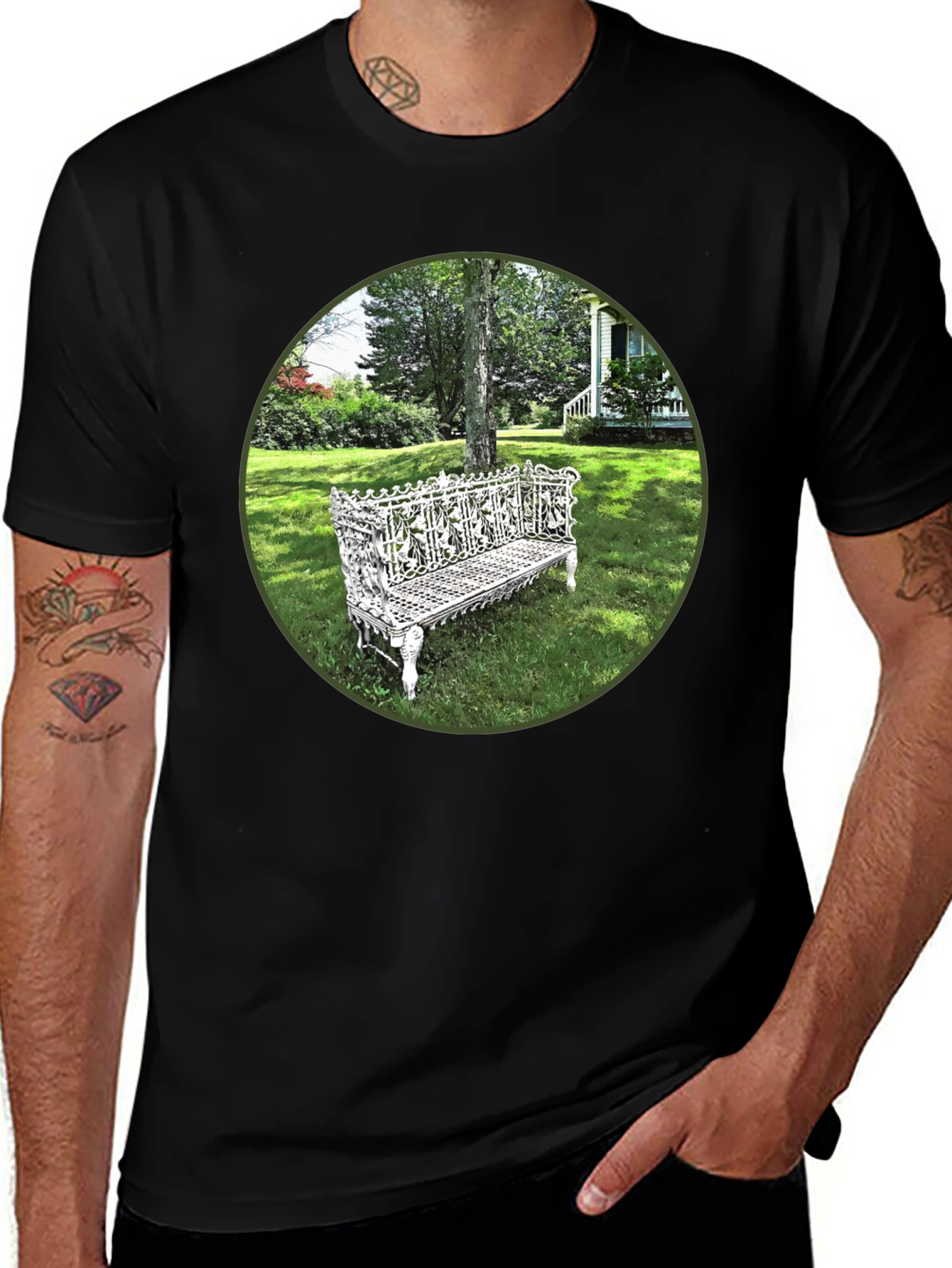 Ornate Bench Garden View Black T-Shirt