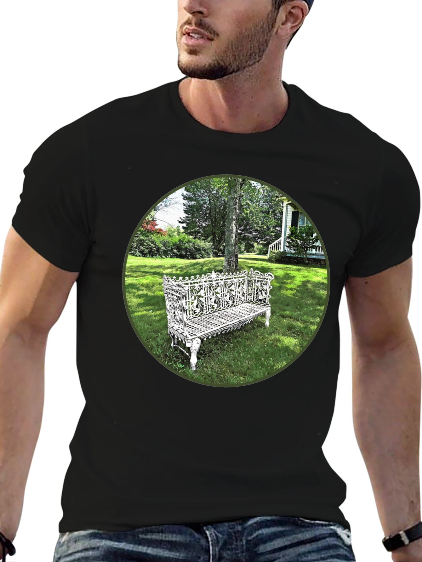 Ornate Bench Garden View Black T-Shirt