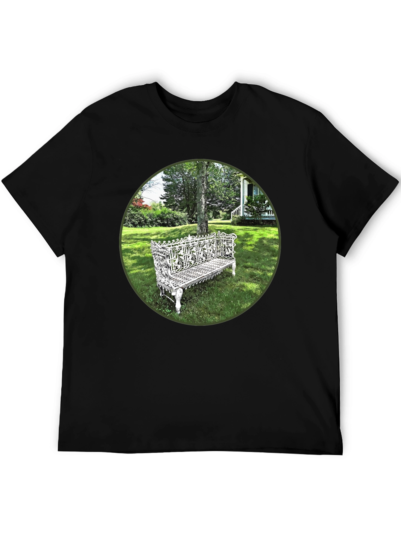 Ornate Bench Garden View Black T-Shirt