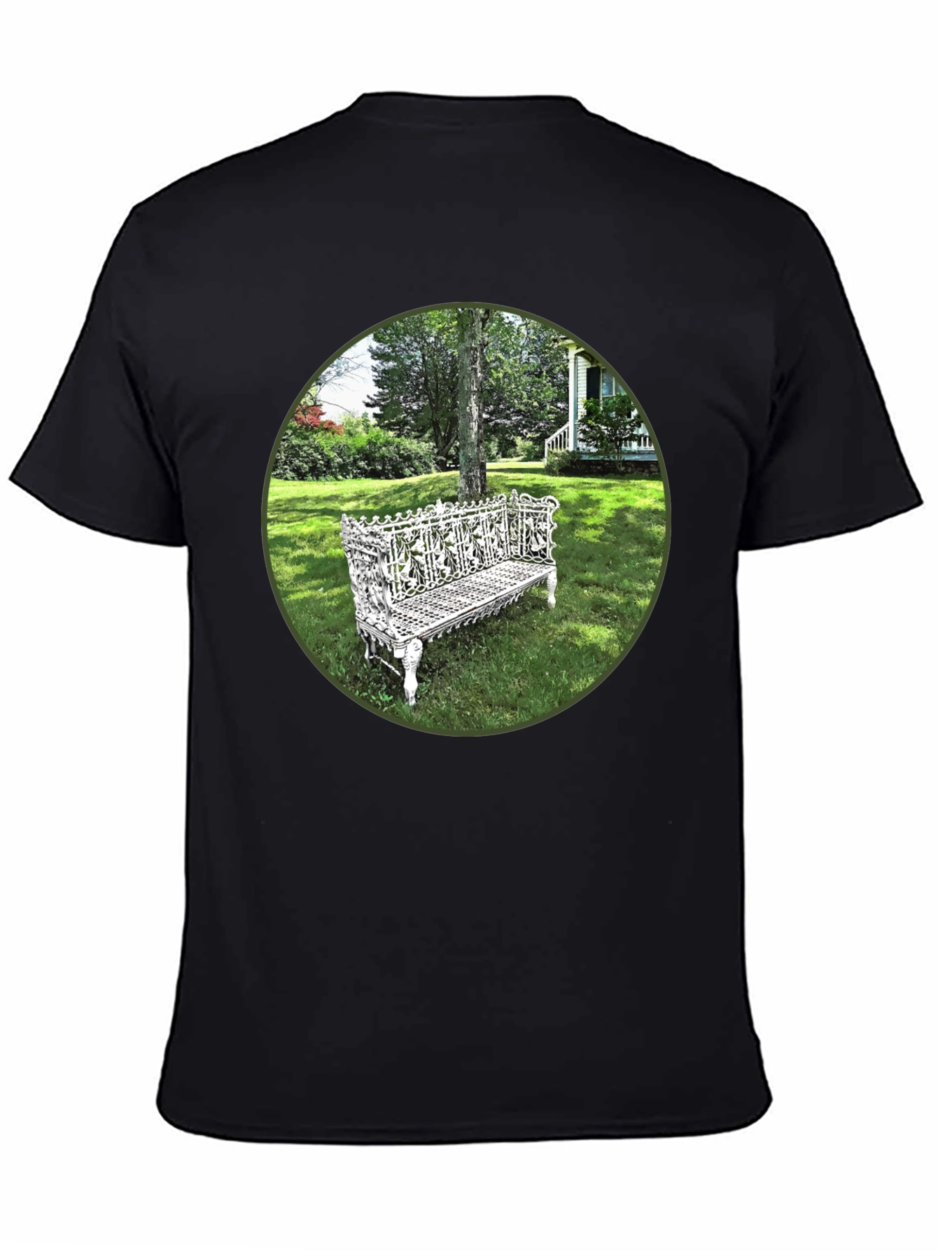 Ornate Bench Garden View Black T-Shirt