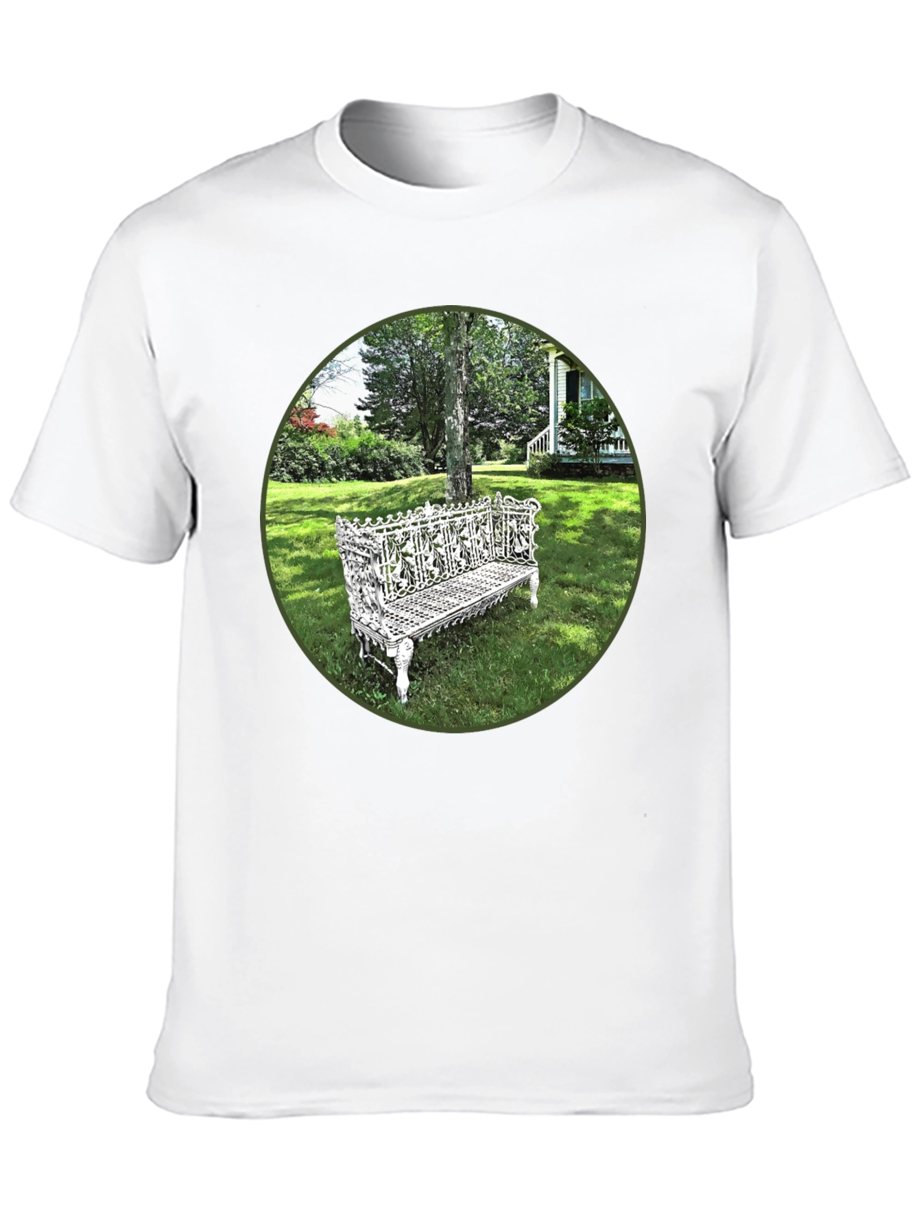 Ornate Bench Garden View Black T-Shirt
