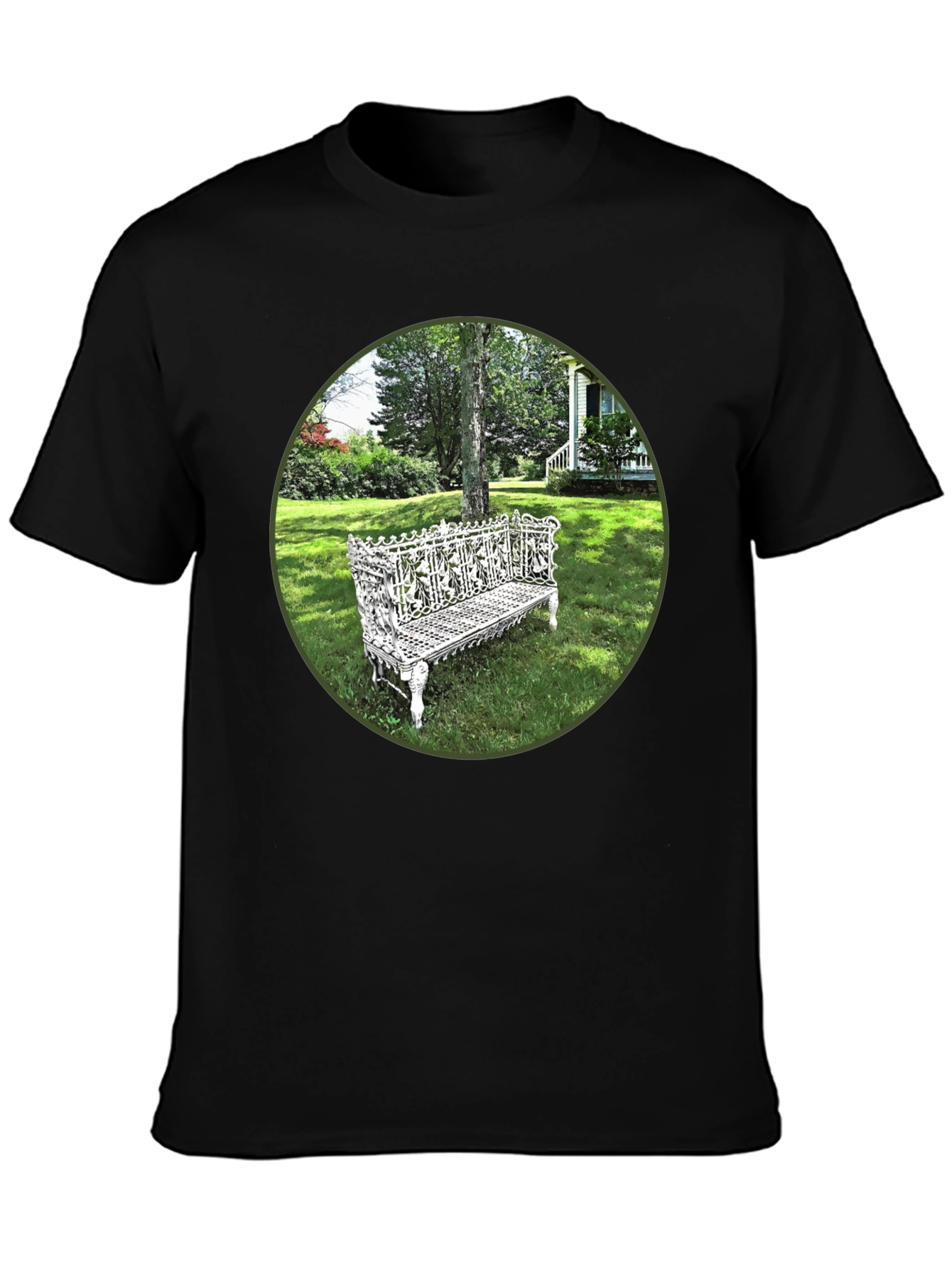Ornate Bench Garden View Black T-Shirt