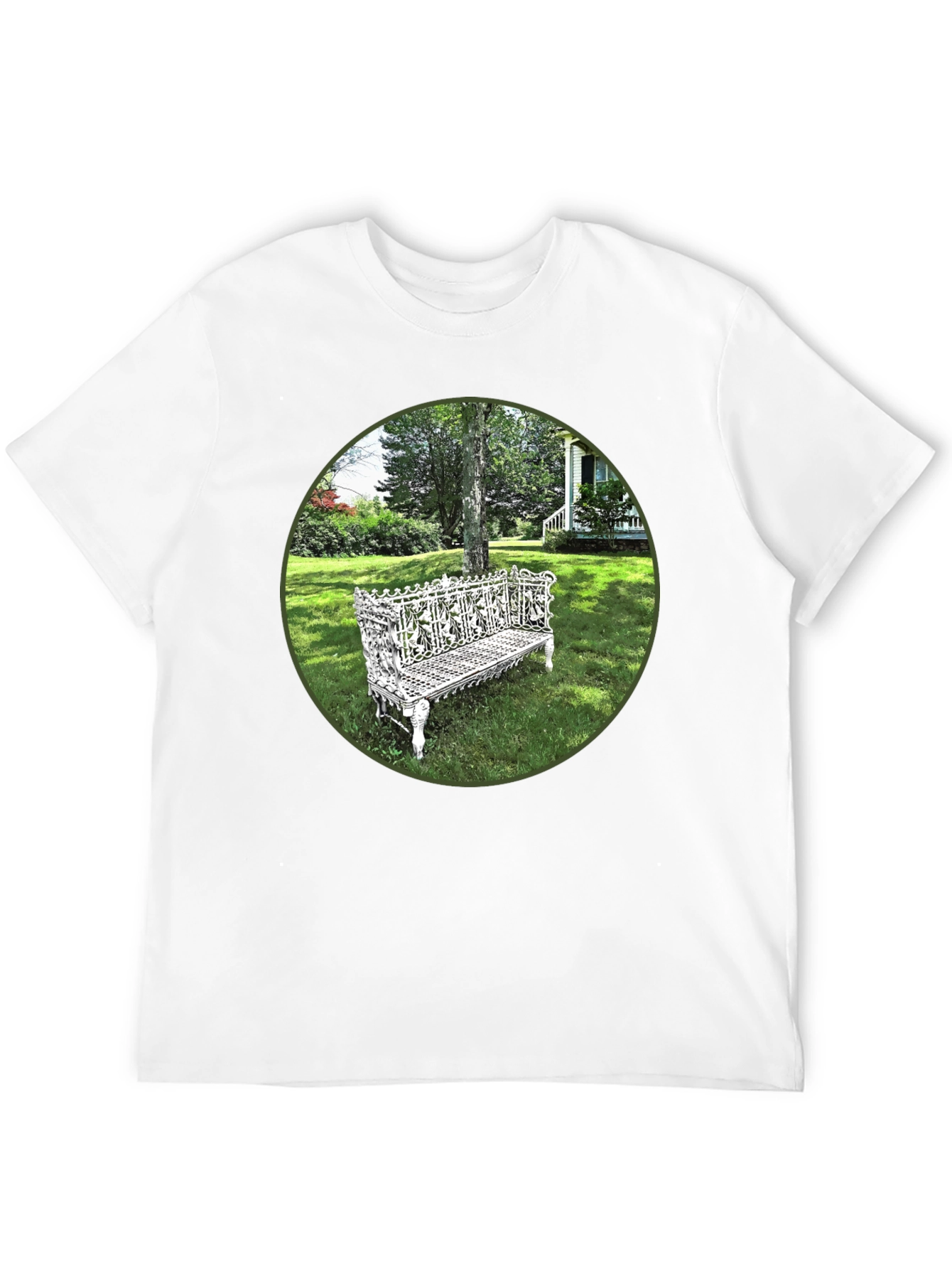 Ornate Bench Garden View Black T-Shirt