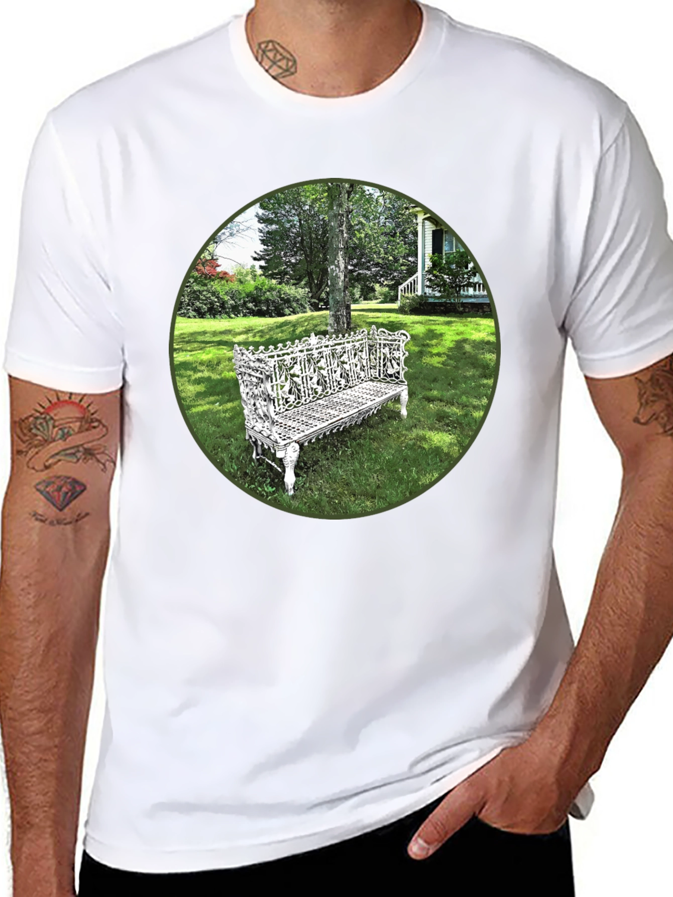 Ornate Bench Garden View Black T-Shirt