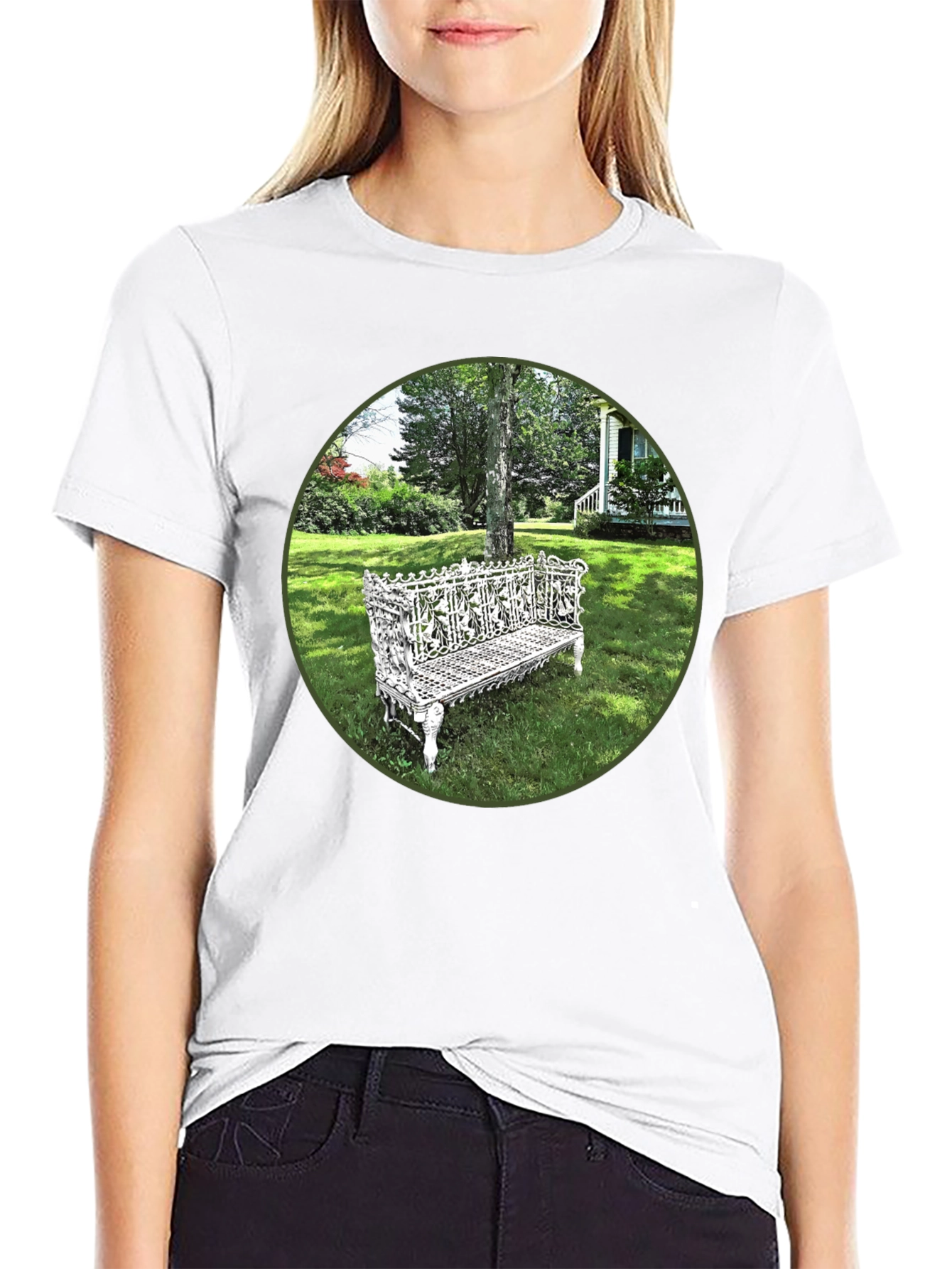 Ornate Bench Garden View Black T-Shirt