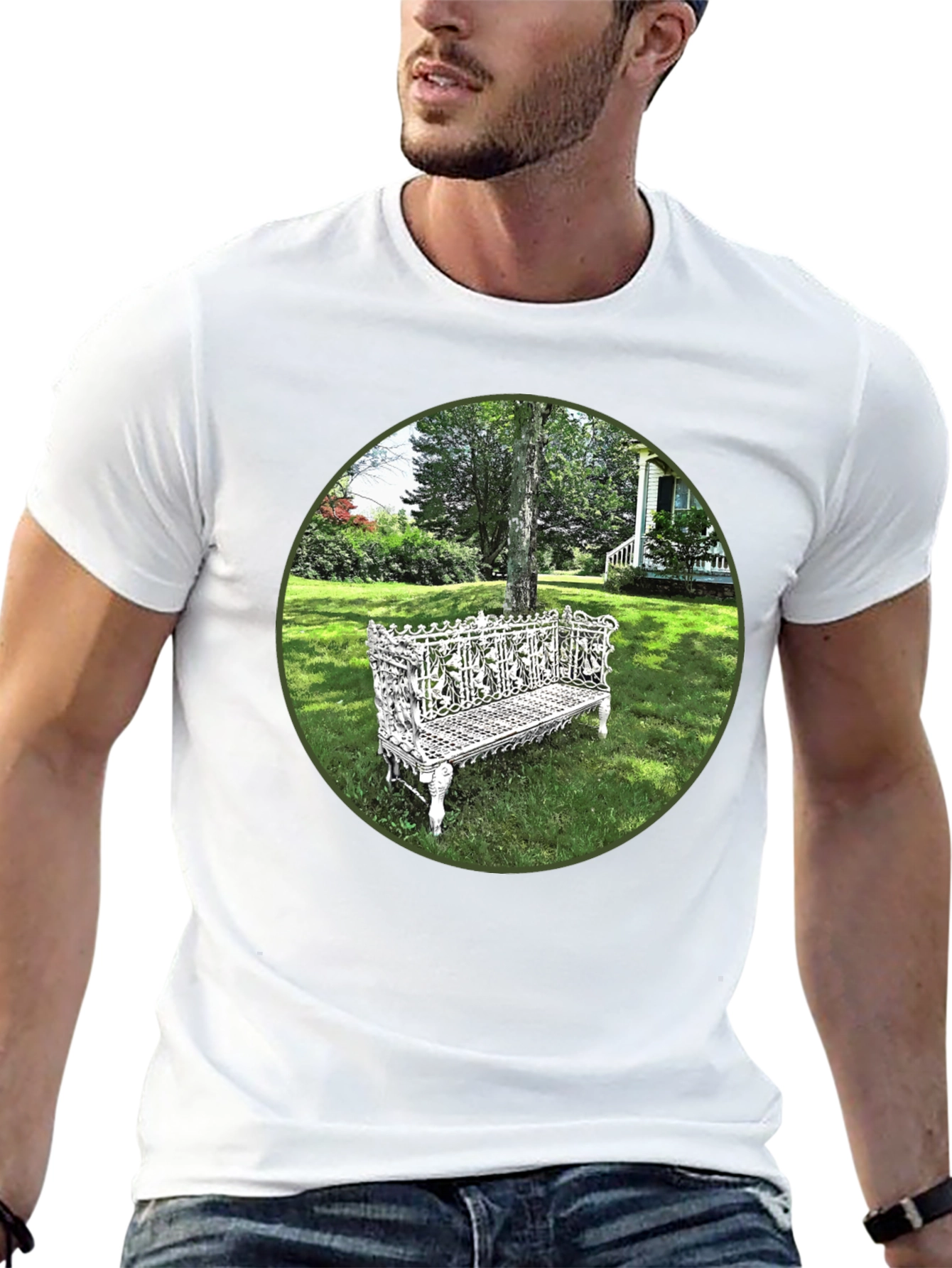 Ornate Bench Garden View Black T-Shirt