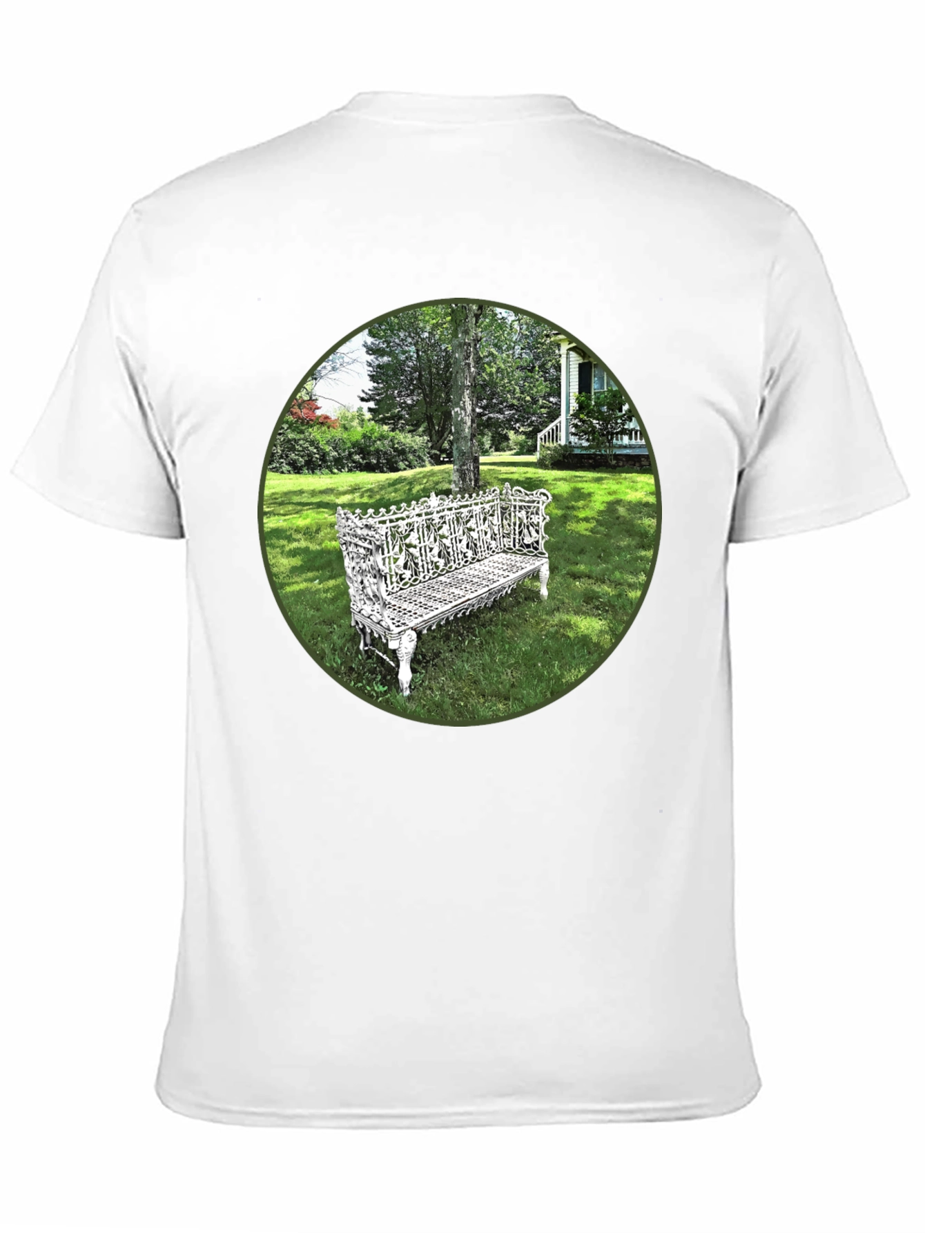 Ornate Bench Garden View Black T-Shirt