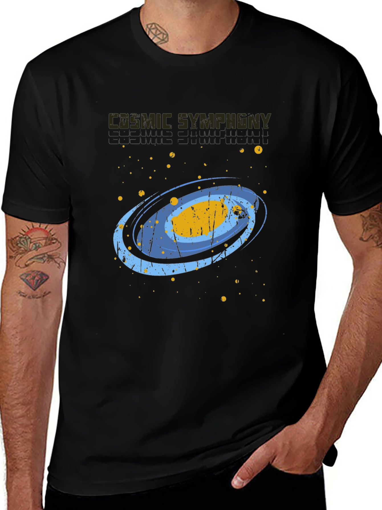 Cosmic Symphony Black Graphic T-Shirt