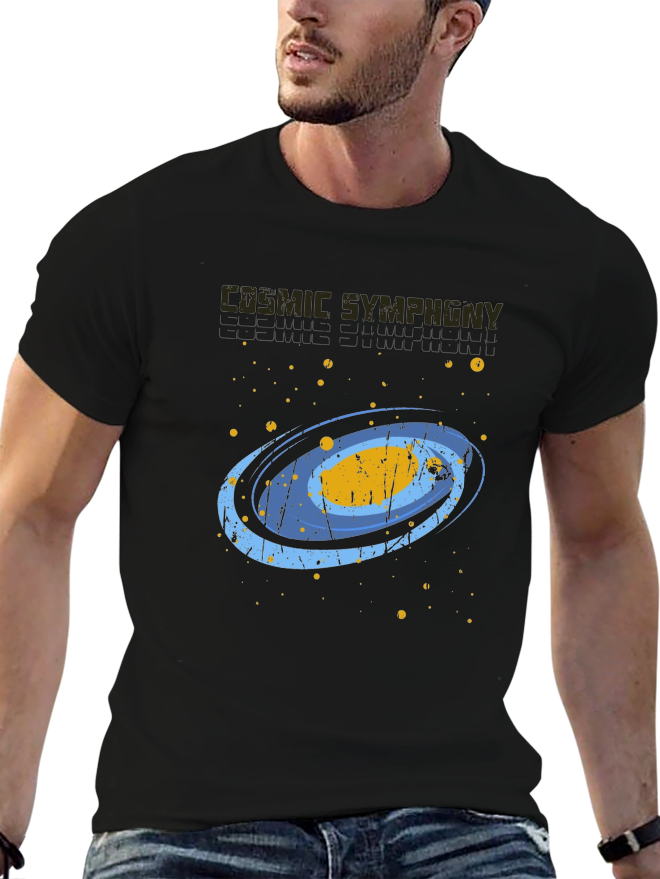 Cosmic Symphony Black Graphic T-Shirt