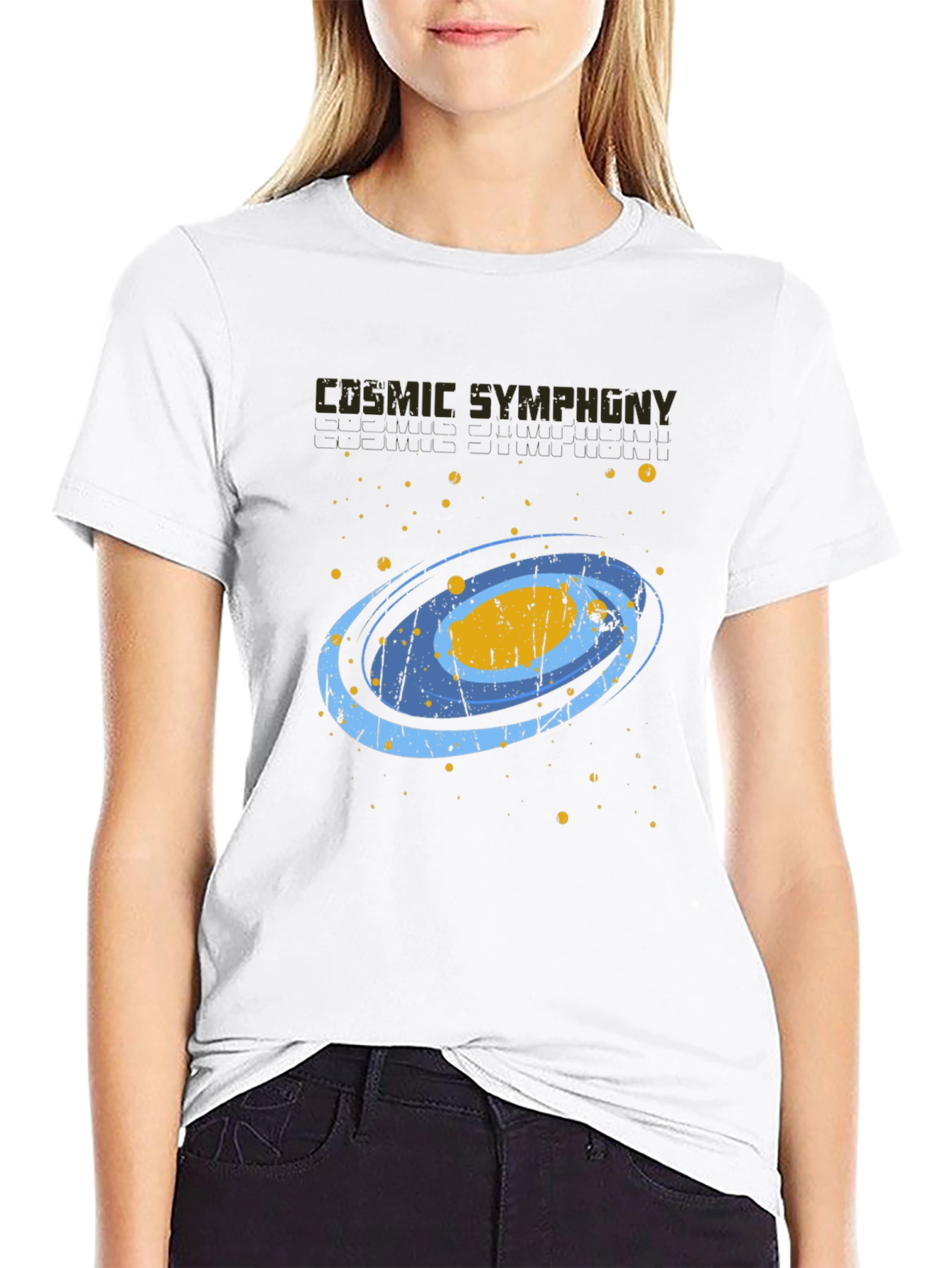 Cosmic Symphony Black Graphic T-Shirt
