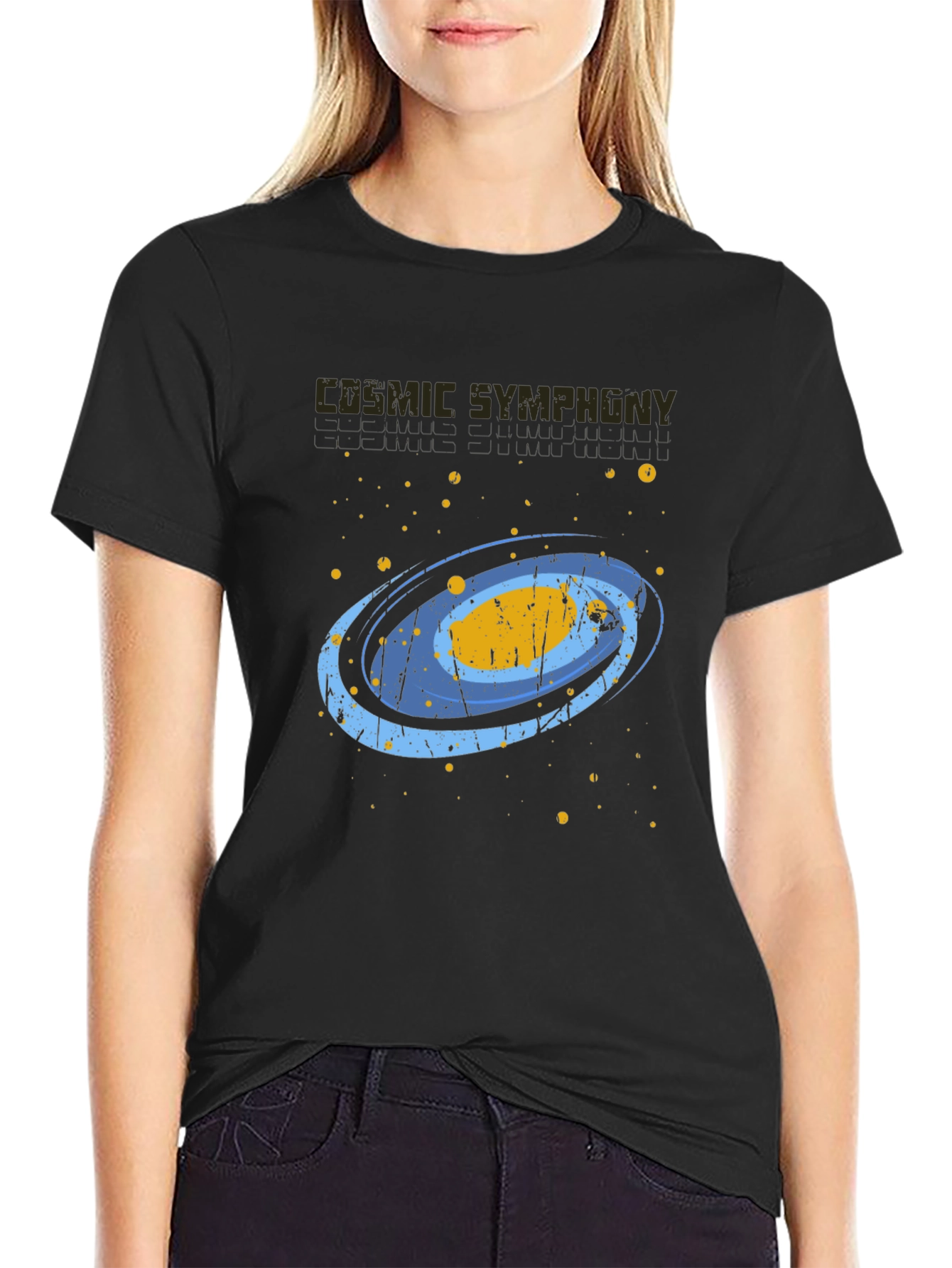 Cosmic Symphony Black Graphic T-Shirt