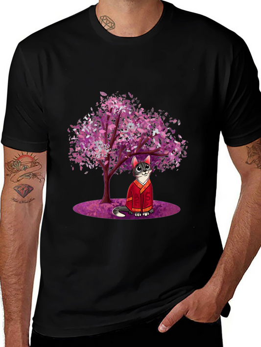 Cat in Kimono Under Cherry Tree - Graphic T-Shirt