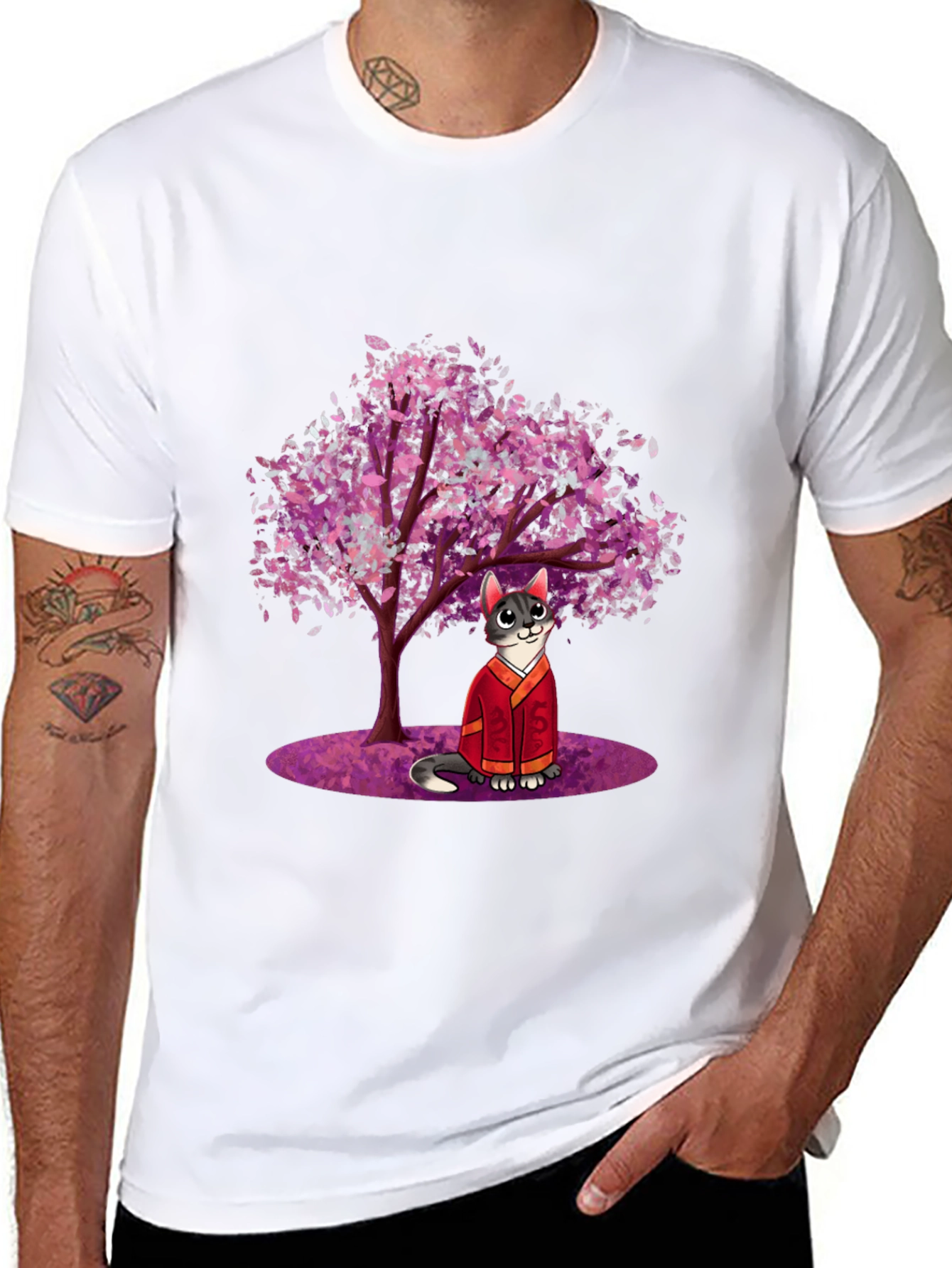 Cat in Kimono Under Cherry Tree - Graphic T-Shirt