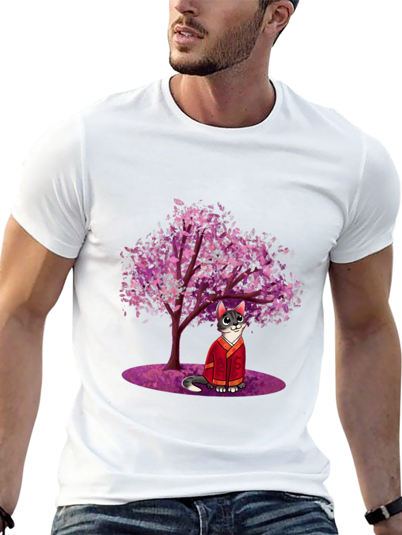 Cat in Kimono Under Cherry Tree - Graphic T-Shirt
