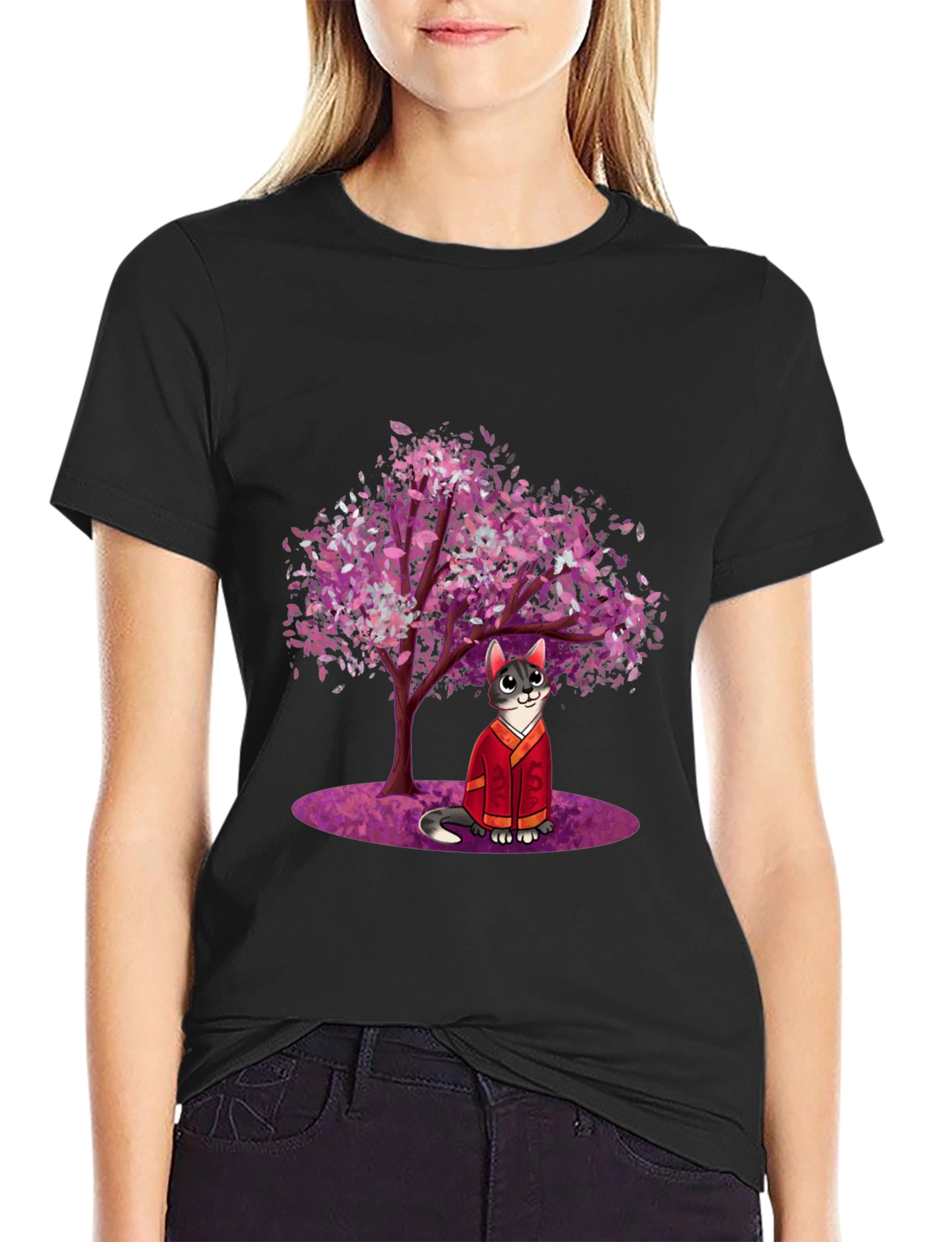 Cat in Kimono Under Cherry Tree - Graphic T-Shirt