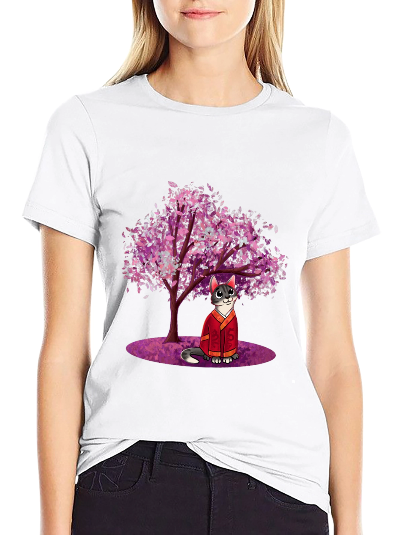 Cat in Kimono Under Cherry Tree - Graphic T-Shirt
