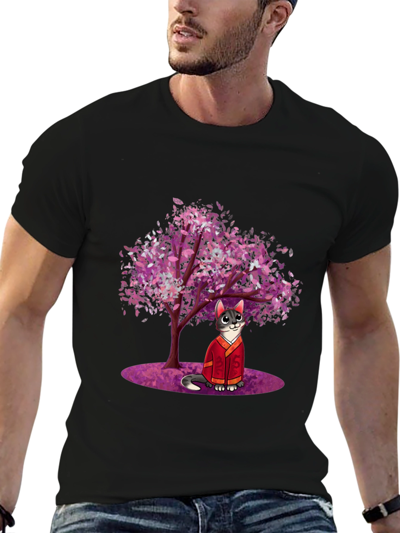 Cat in Kimono Under Cherry Tree - Graphic T-Shirt