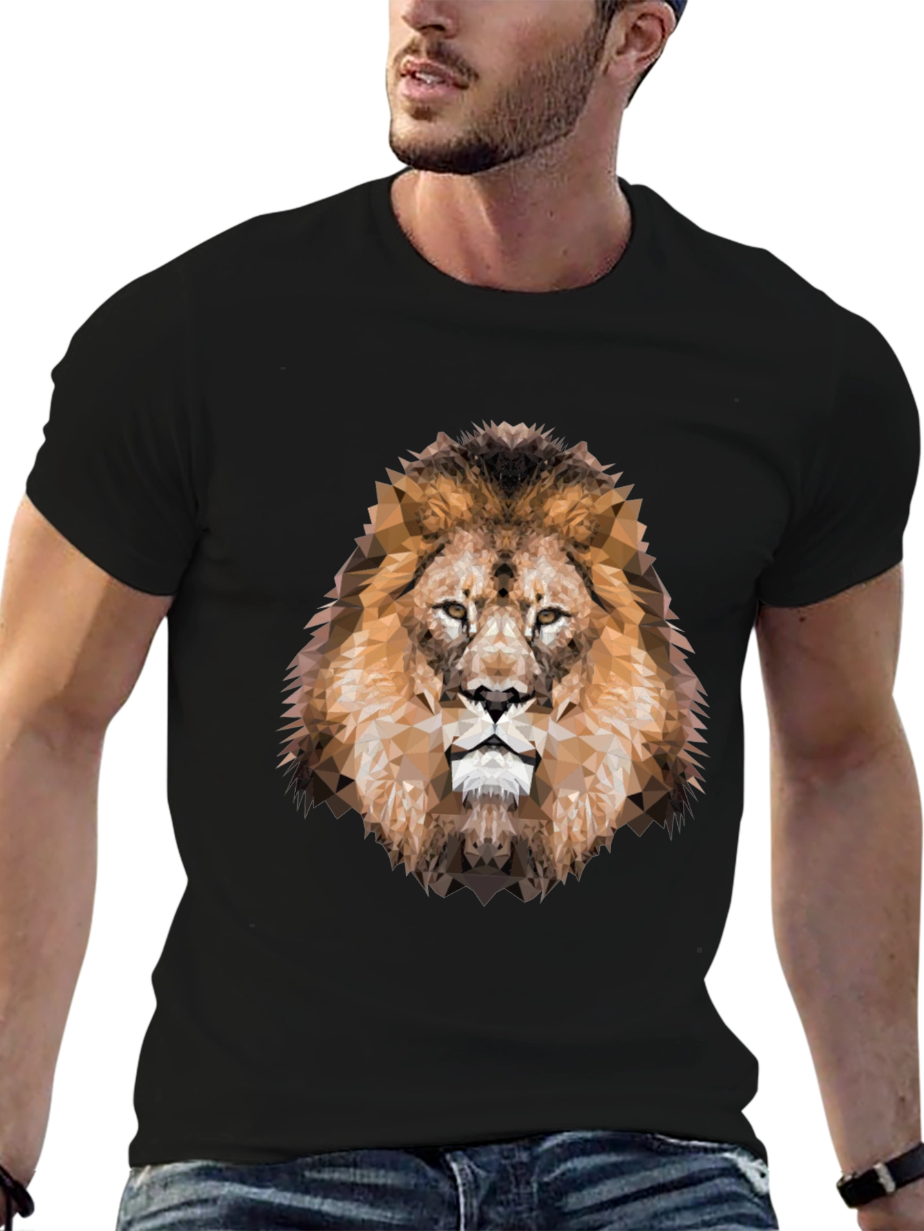 Geometric Lion Head Graphic Black T-Shirt