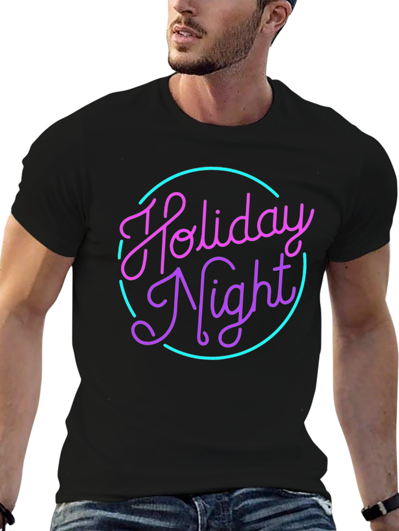 Holiday Night Graphic Tee - Retro Neon Style