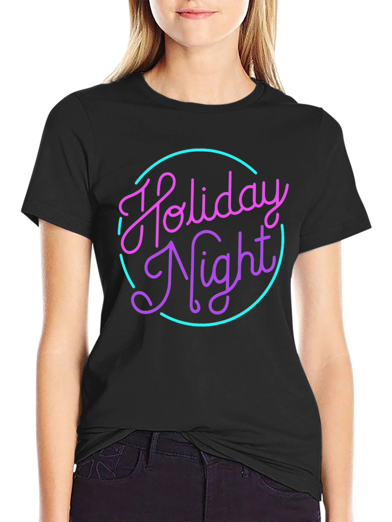 Holiday Night Graphic Tee - Retro Neon Style