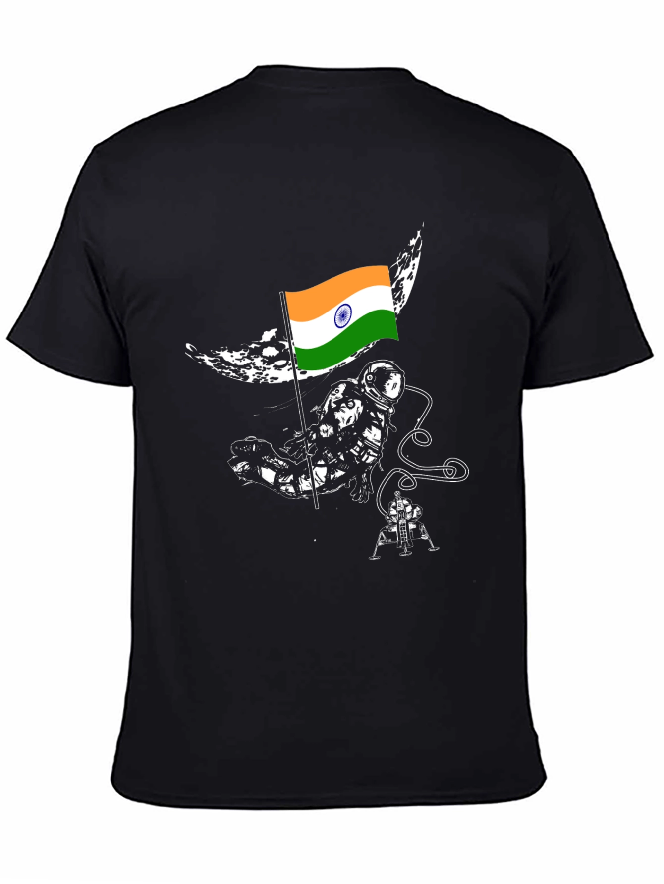 Astronaut India Flag Graphic Tee - Black Cotton T-Shirt