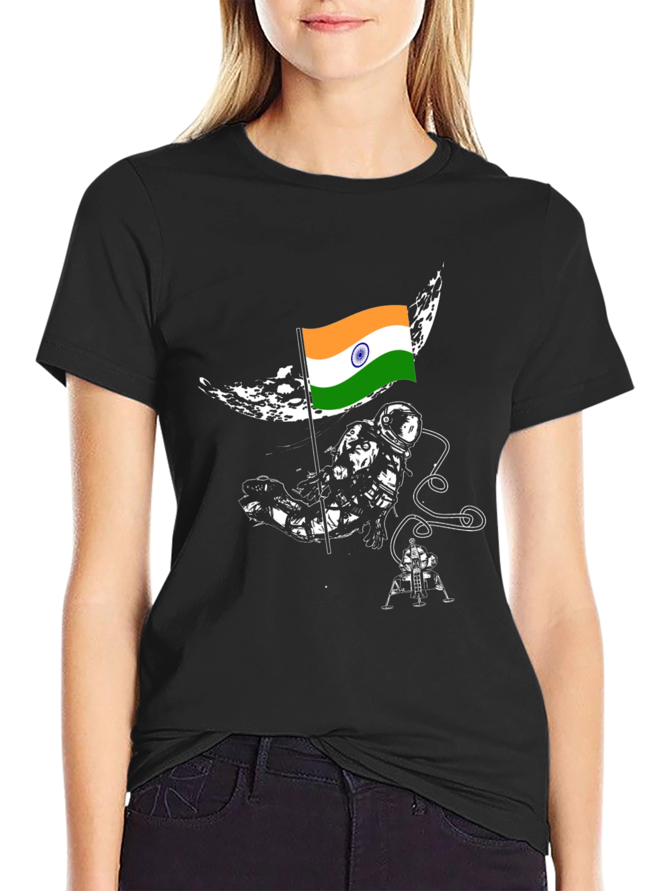 Astronaut India Flag Graphic Tee - Black Cotton T-Shirt