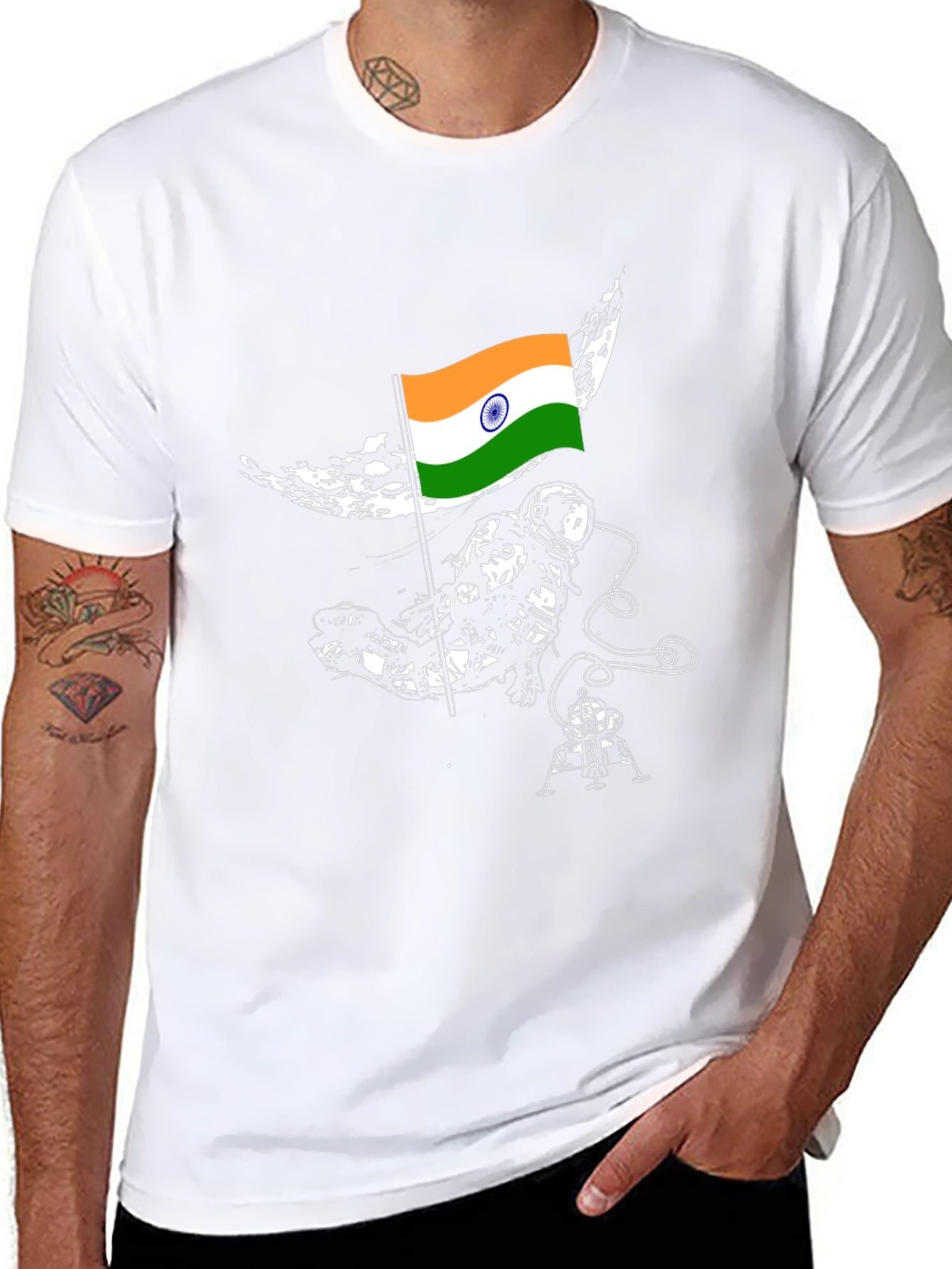 Astronaut India Flag Graphic Tee - Black Cotton T-Shirt