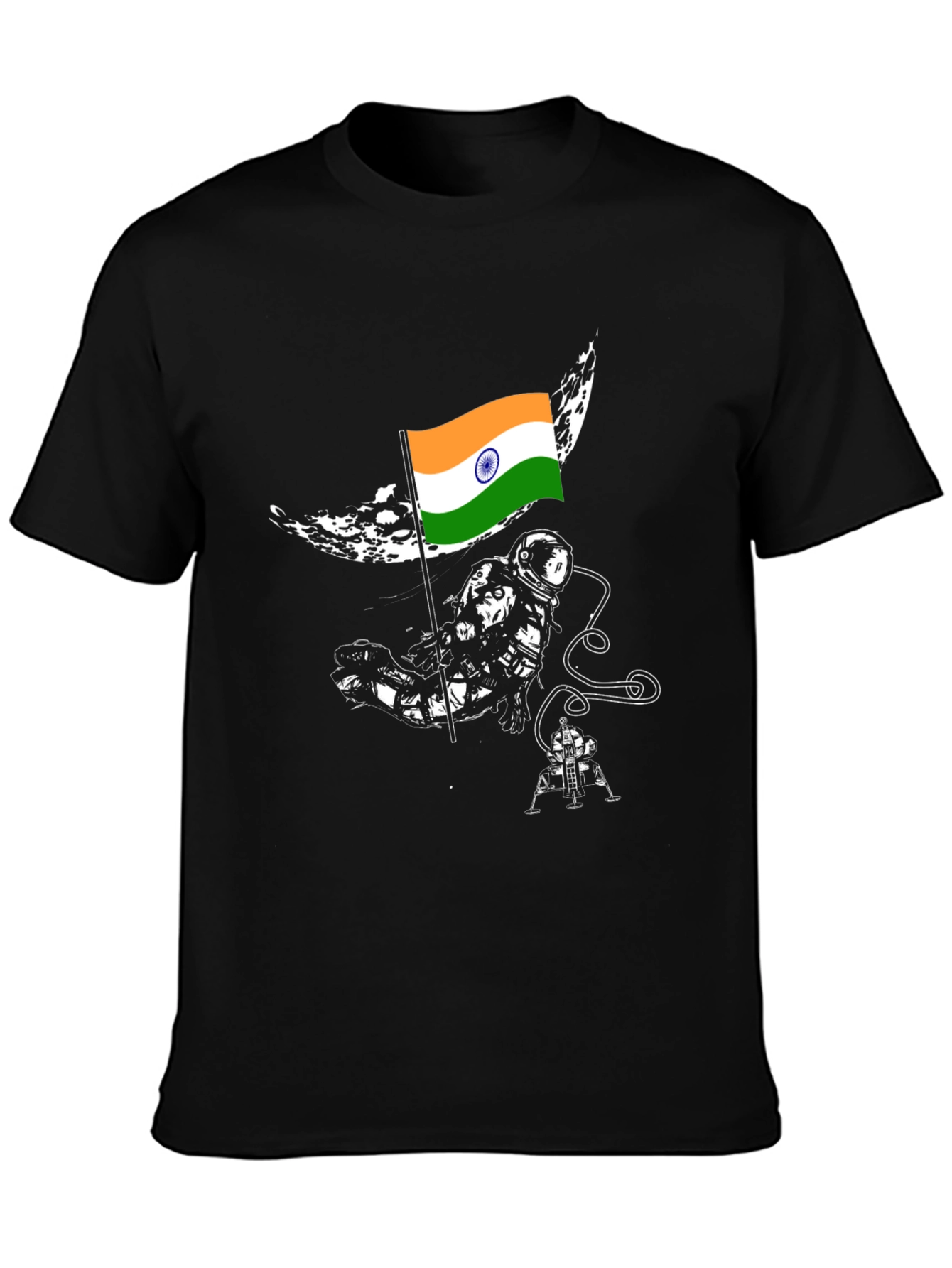 Astronaut India Flag Graphic Tee - Black Cotton T-Shirt