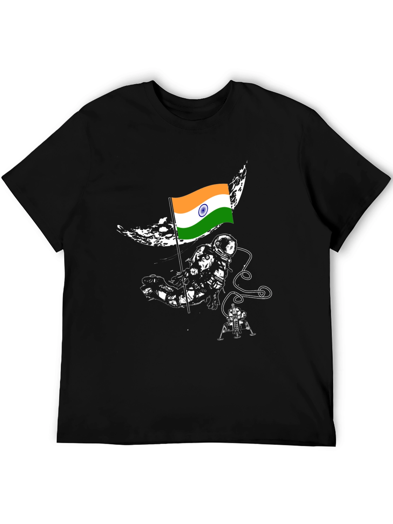 Astronaut India Flag Graphic Tee - Black Cotton T-Shirt