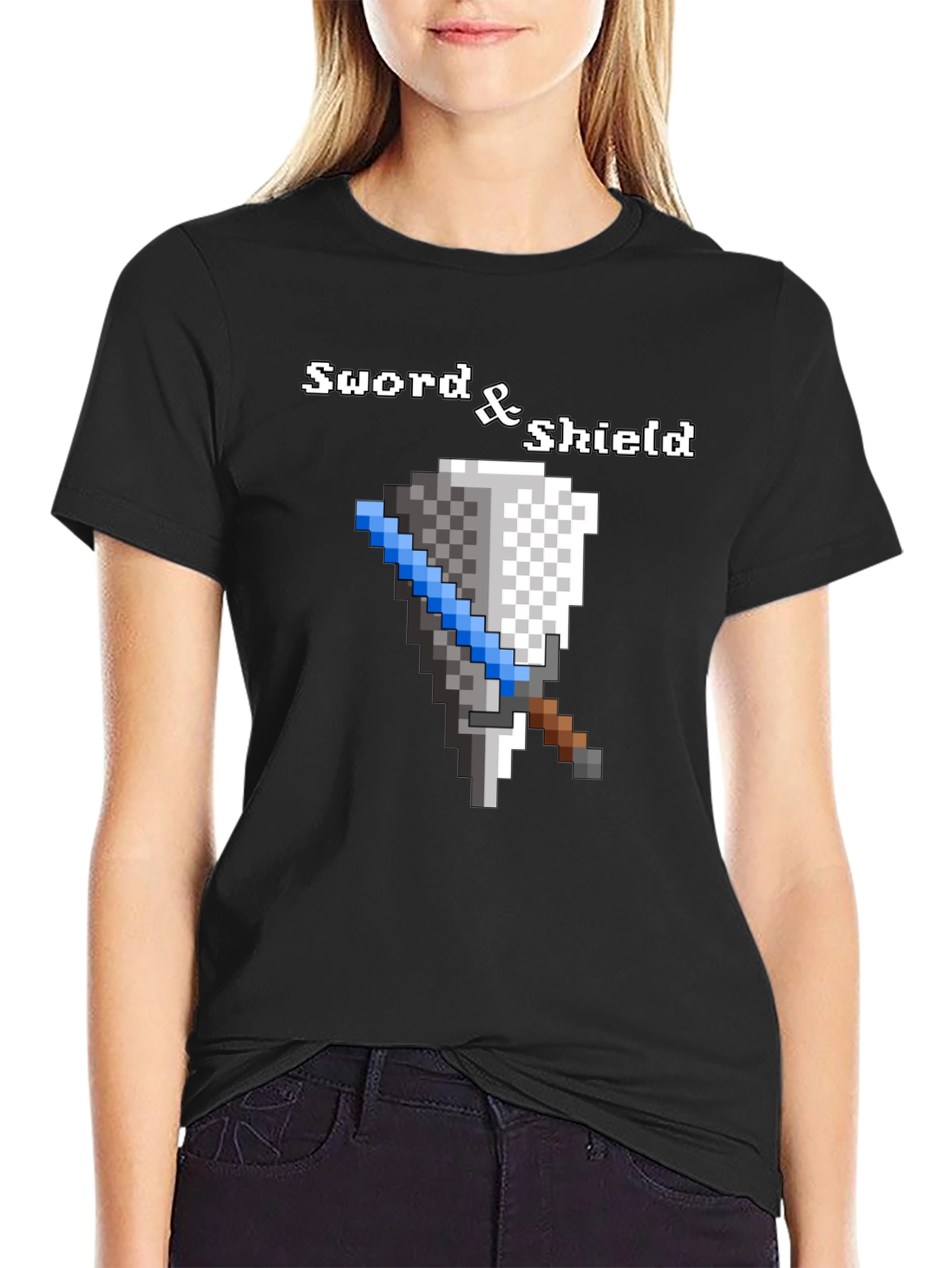 Sword and Shield Pixel Graphic Black T-Shirt