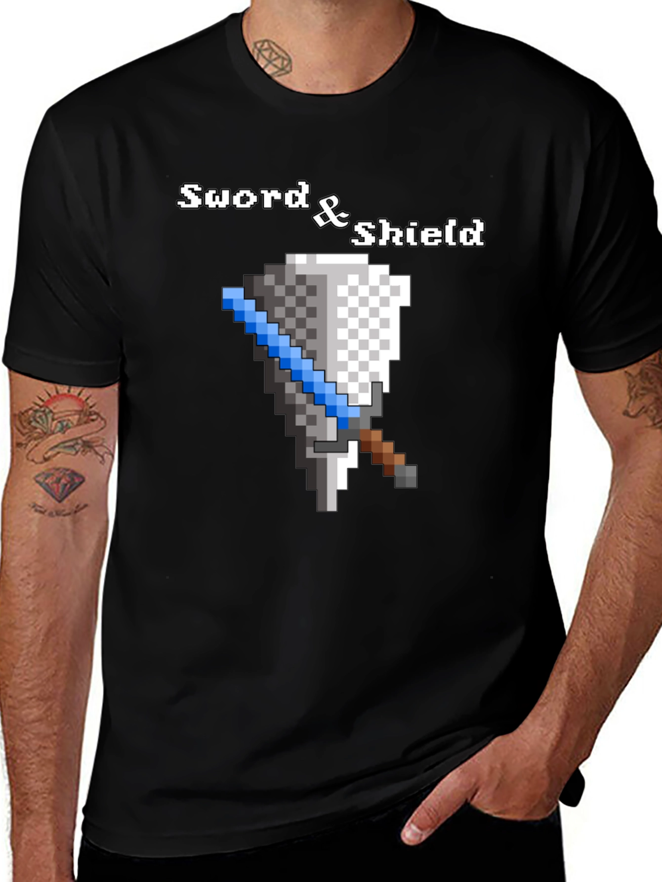 Sword and Shield Pixel Graphic Black T-Shirt