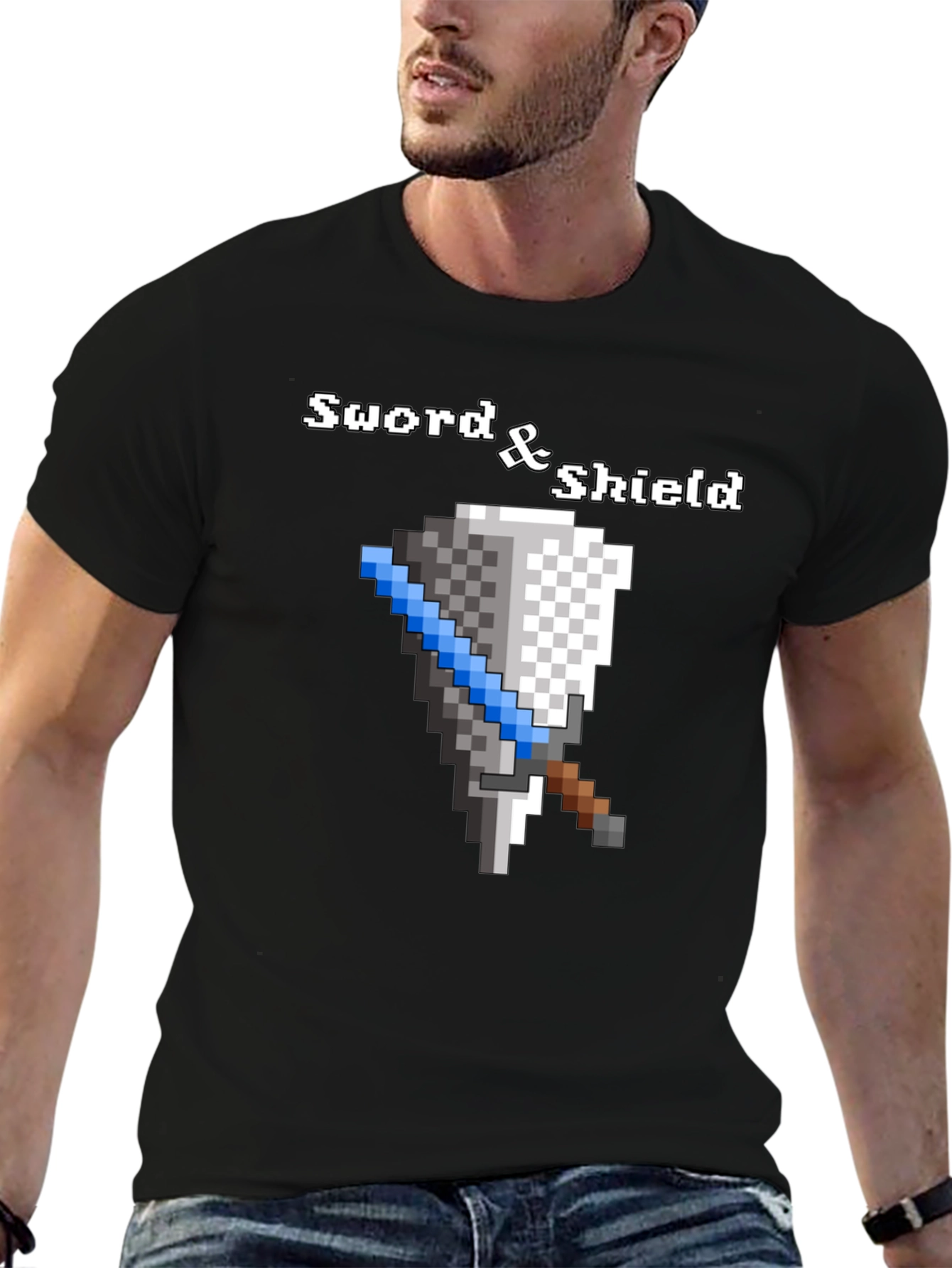 Sword and Shield Pixel Graphic Black T-Shirt