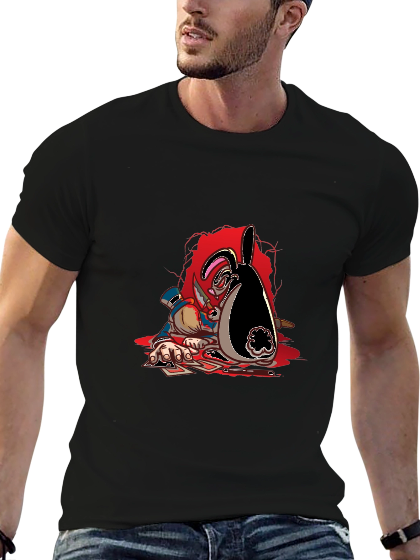 Poker Bunny Graphic Tee - Black Cotton Casual Wear