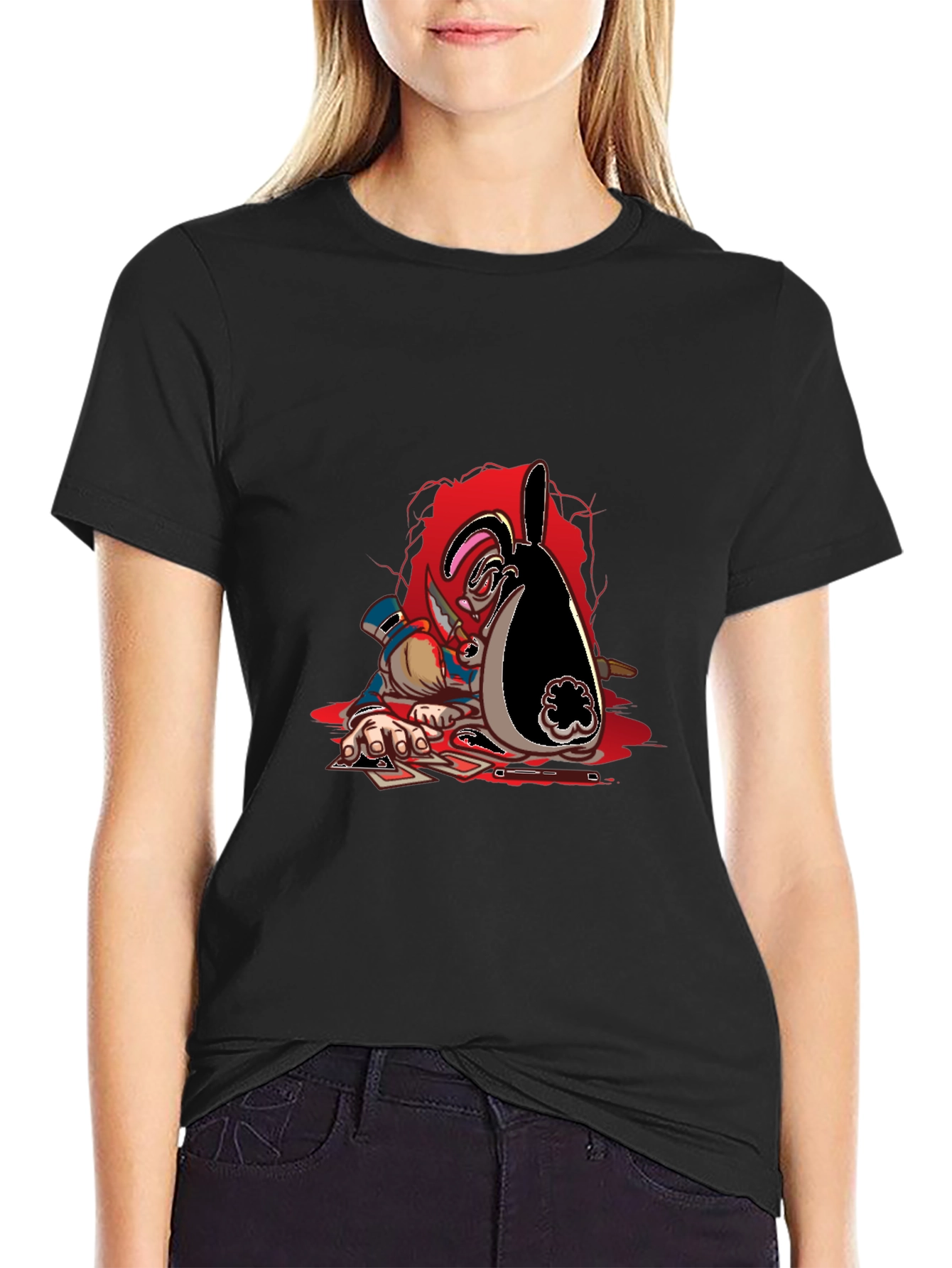 Poker Bunny Graphic Tee - Black Cotton Casual Wear