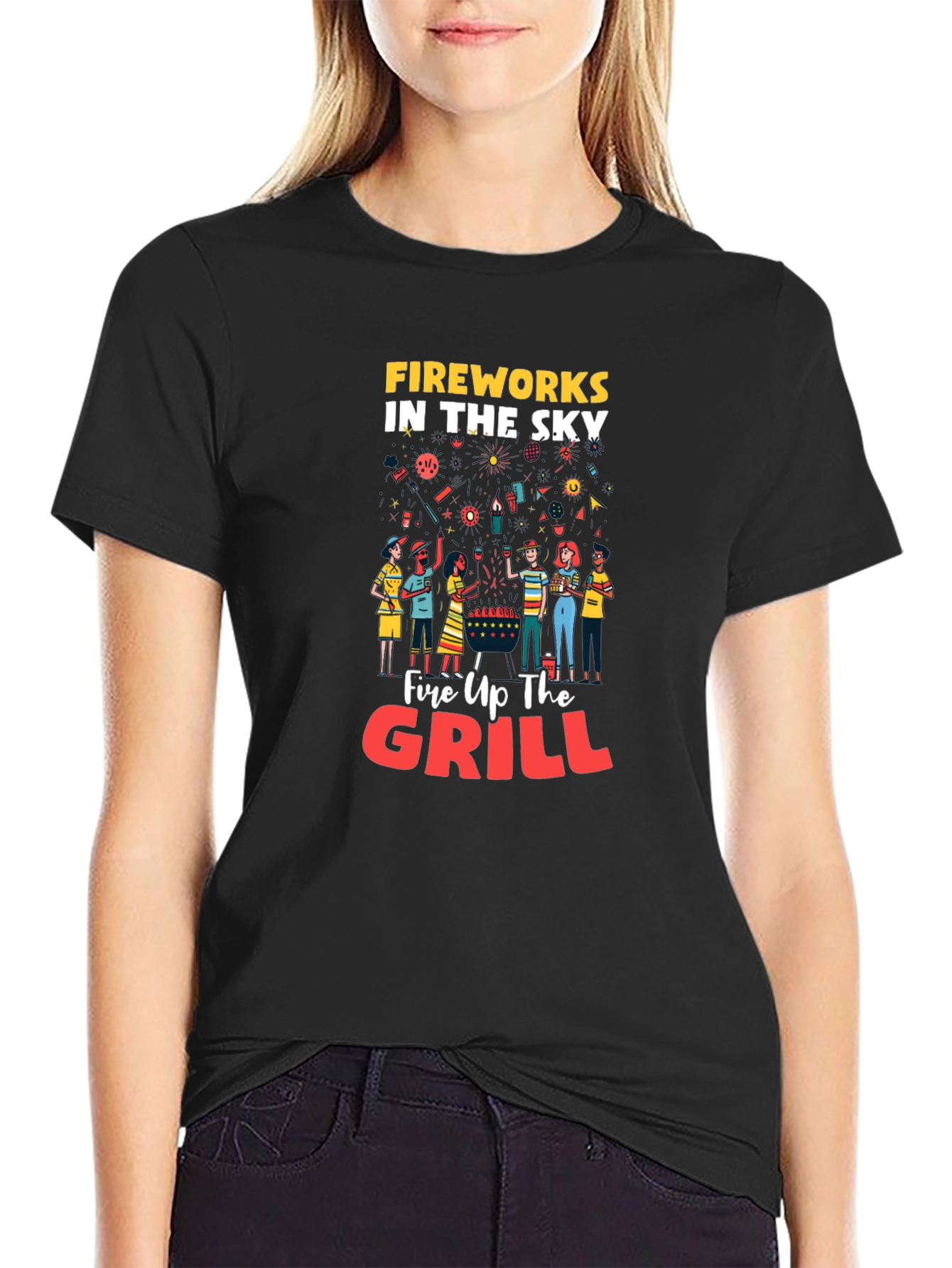 Fireworks Grill Party Black Graphic T-Shirt