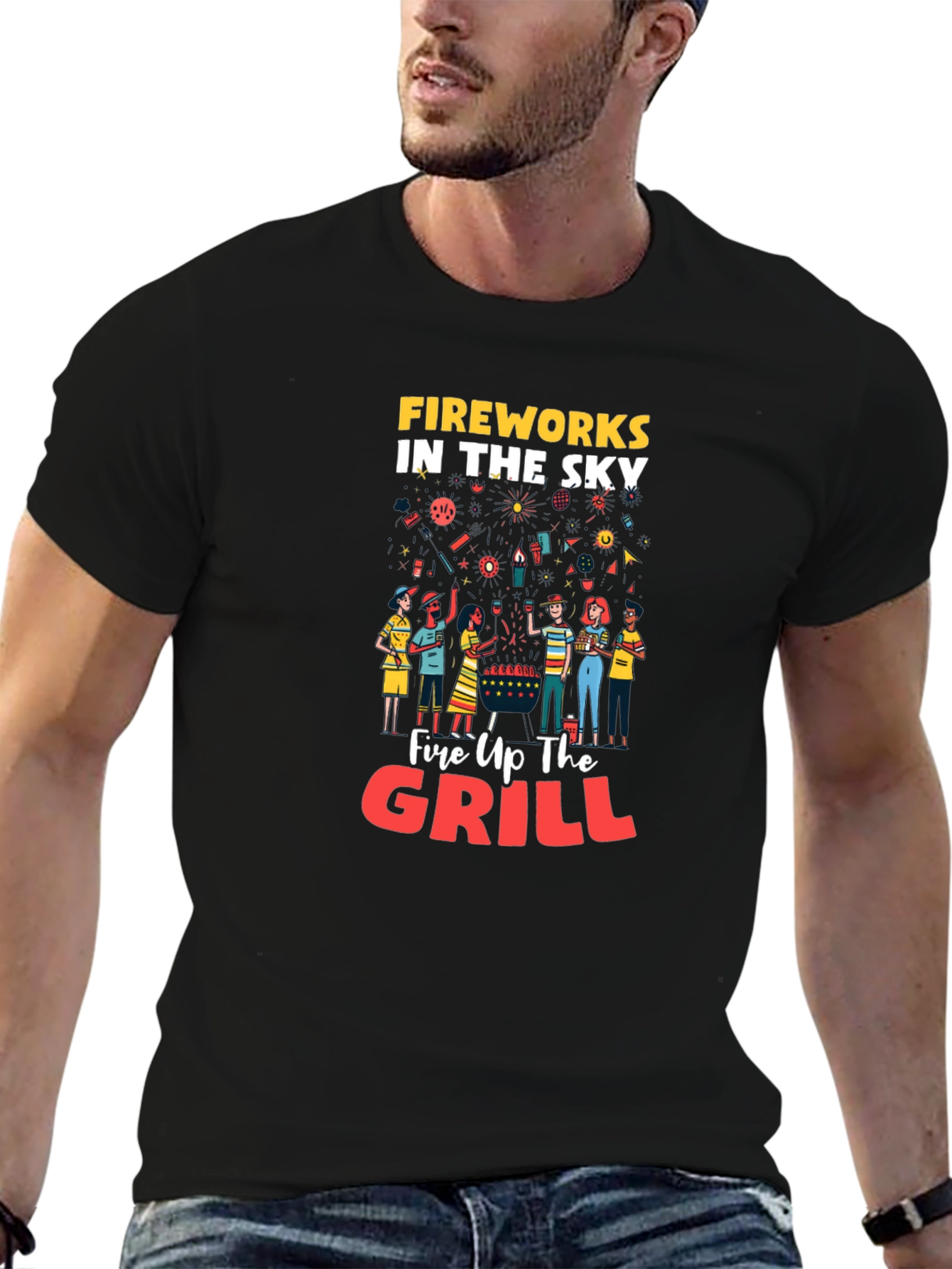 Fireworks Grill Party Black Graphic T-Shirt