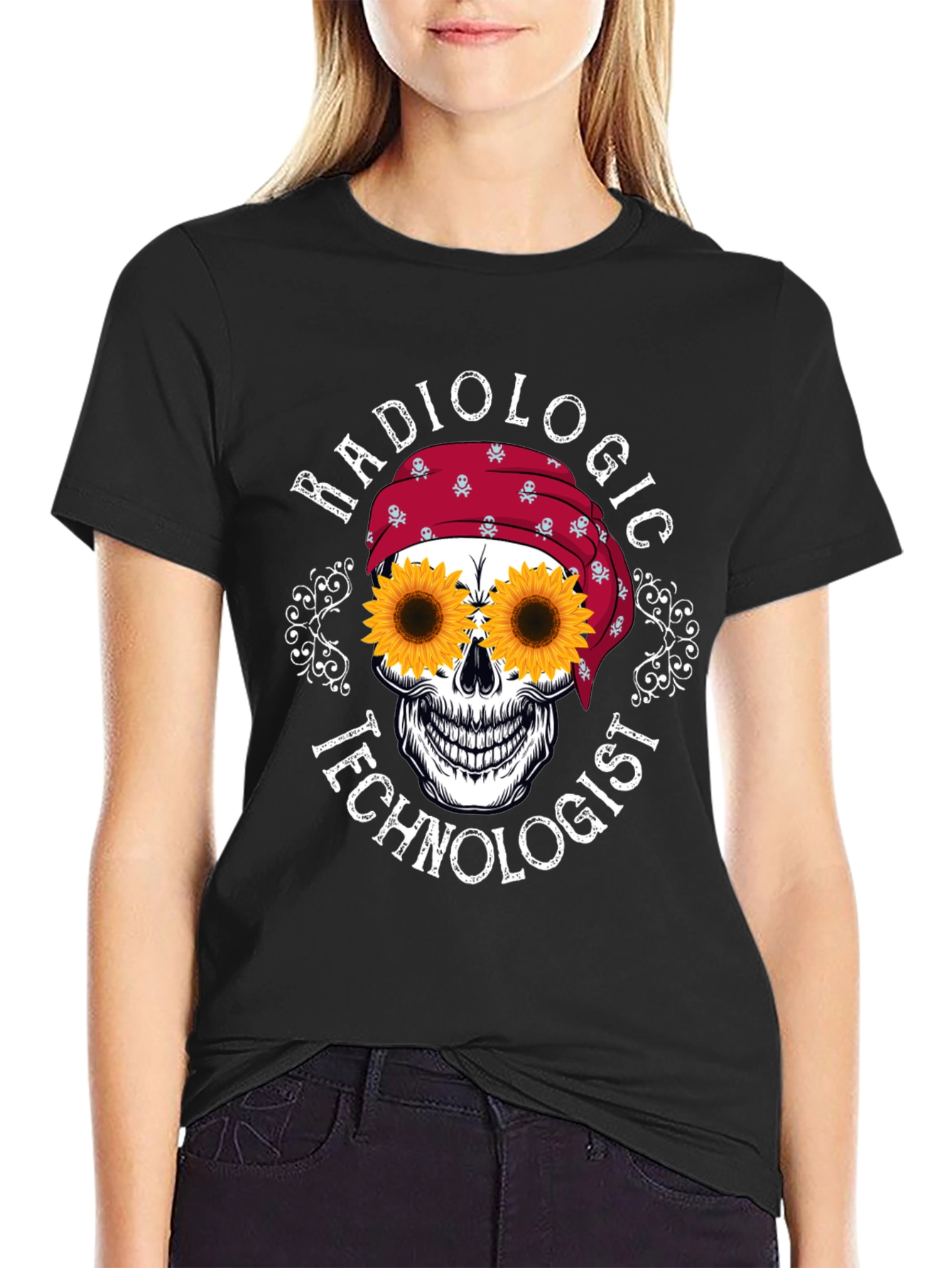 Radiologic Technologist Sunflower Skull Graphic T-Shirt