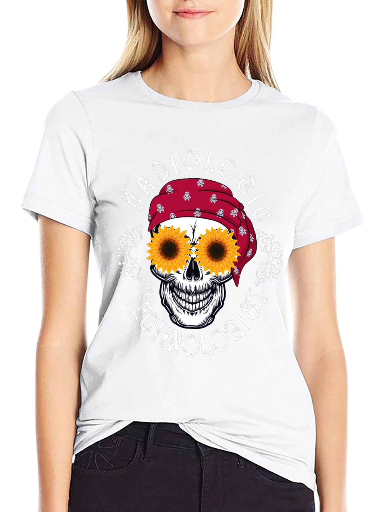 Radiologic Technologist Sunflower Skull Graphic T-Shirt