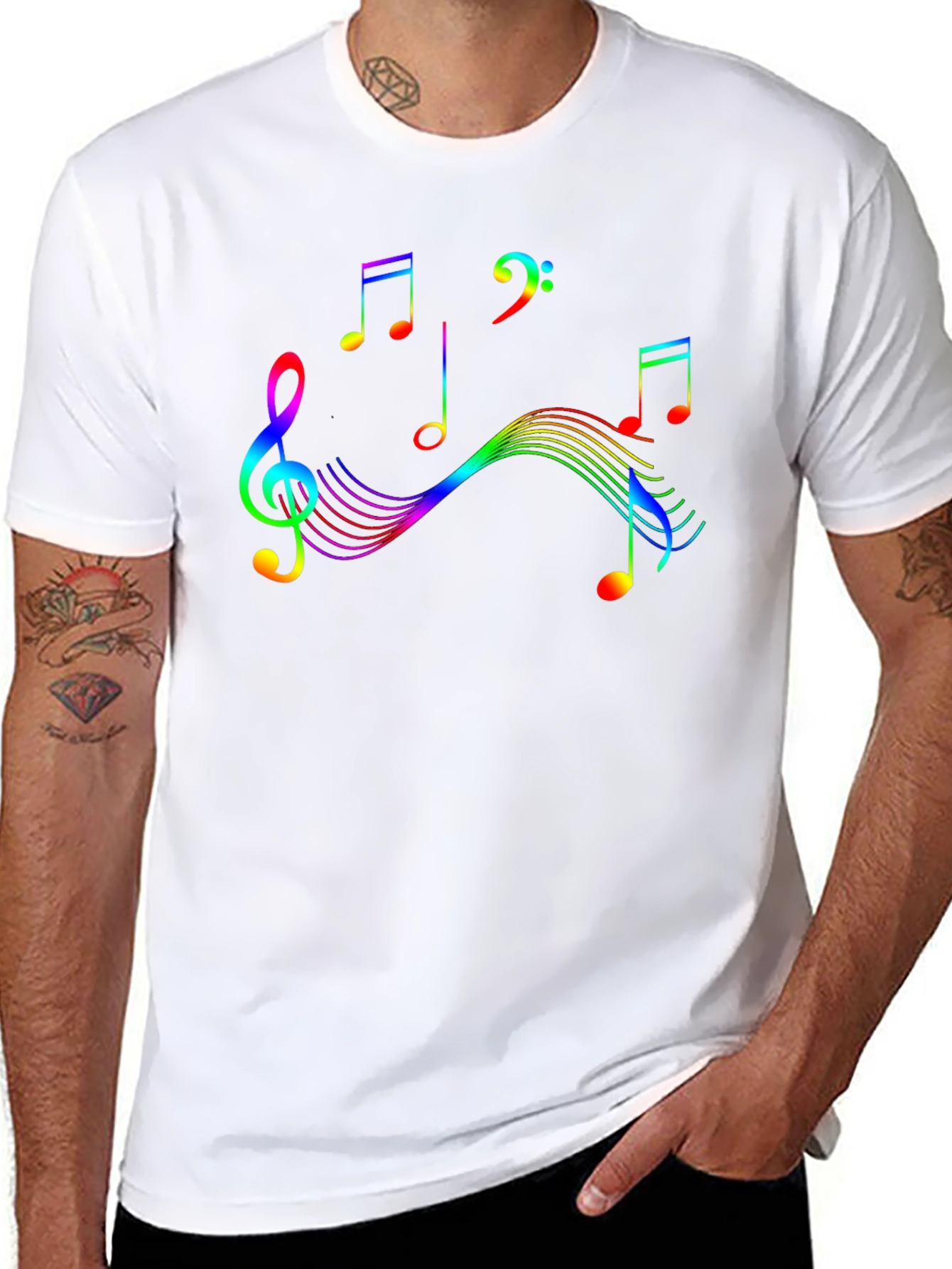 Rainbow Music Notes Graphic Black T-Shirt
