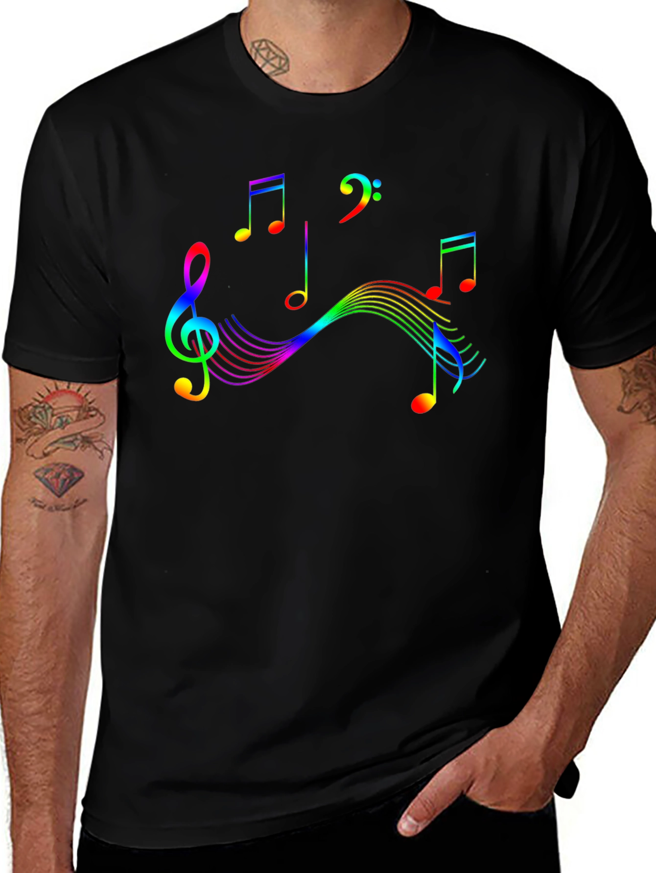 Rainbow Music Notes Graphic Black T-Shirt