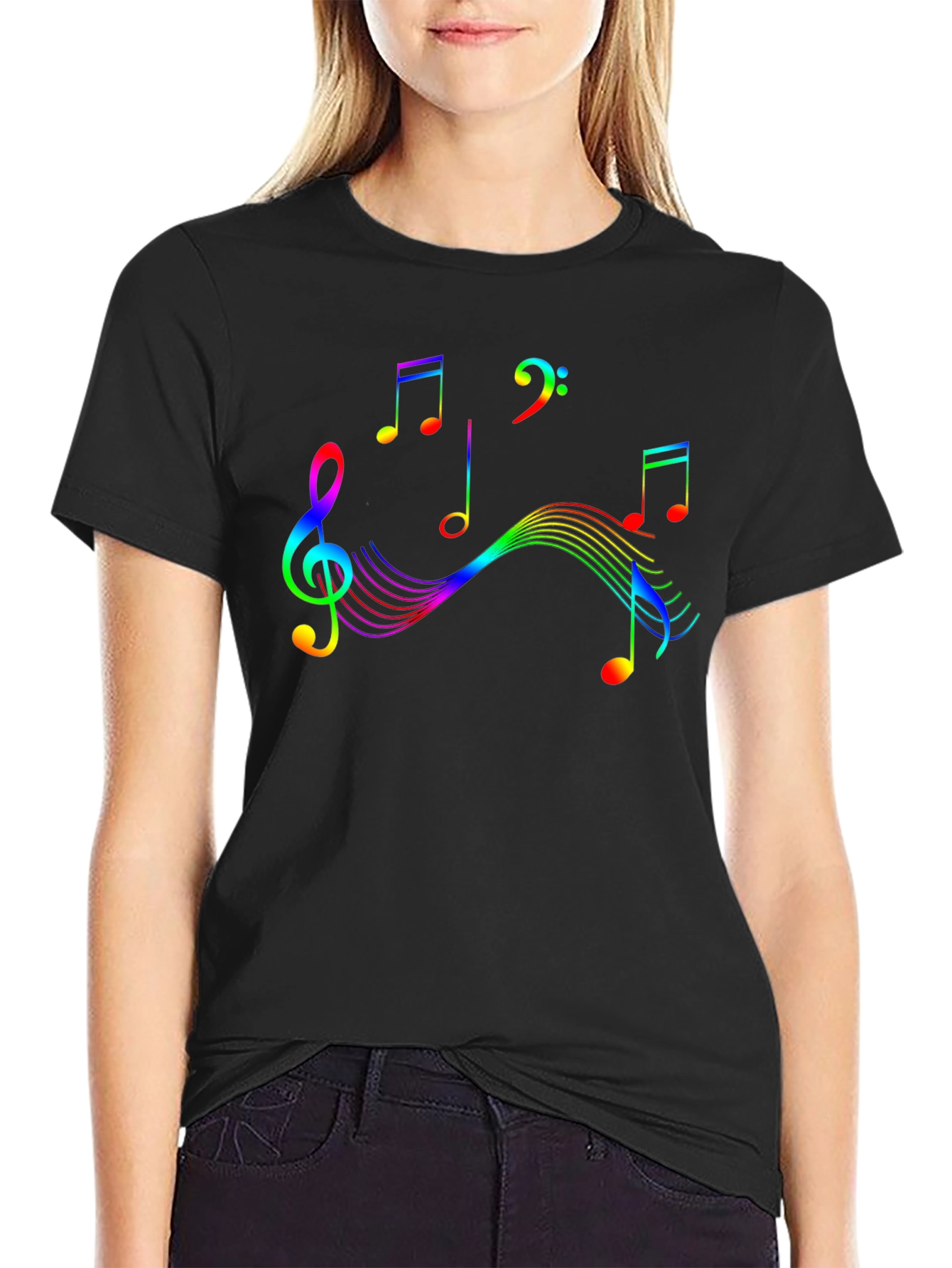 Rainbow Music Notes Graphic Black T-Shirt